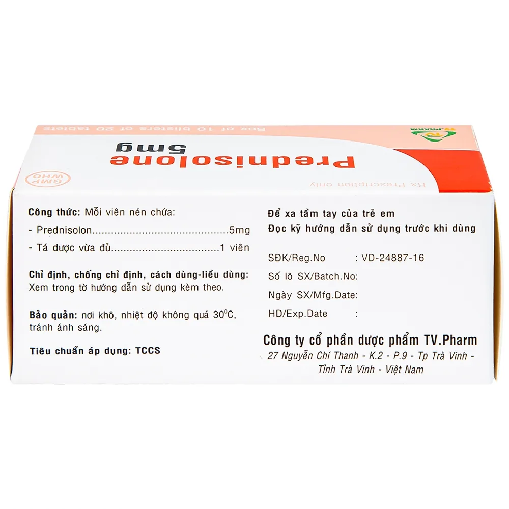 Hình ảnh Thuốc Prednisolone 5mg TV.Pharm chống viêm, chống dị ứng và ức chế miễn dịch (10 vỉ x 20 viên)