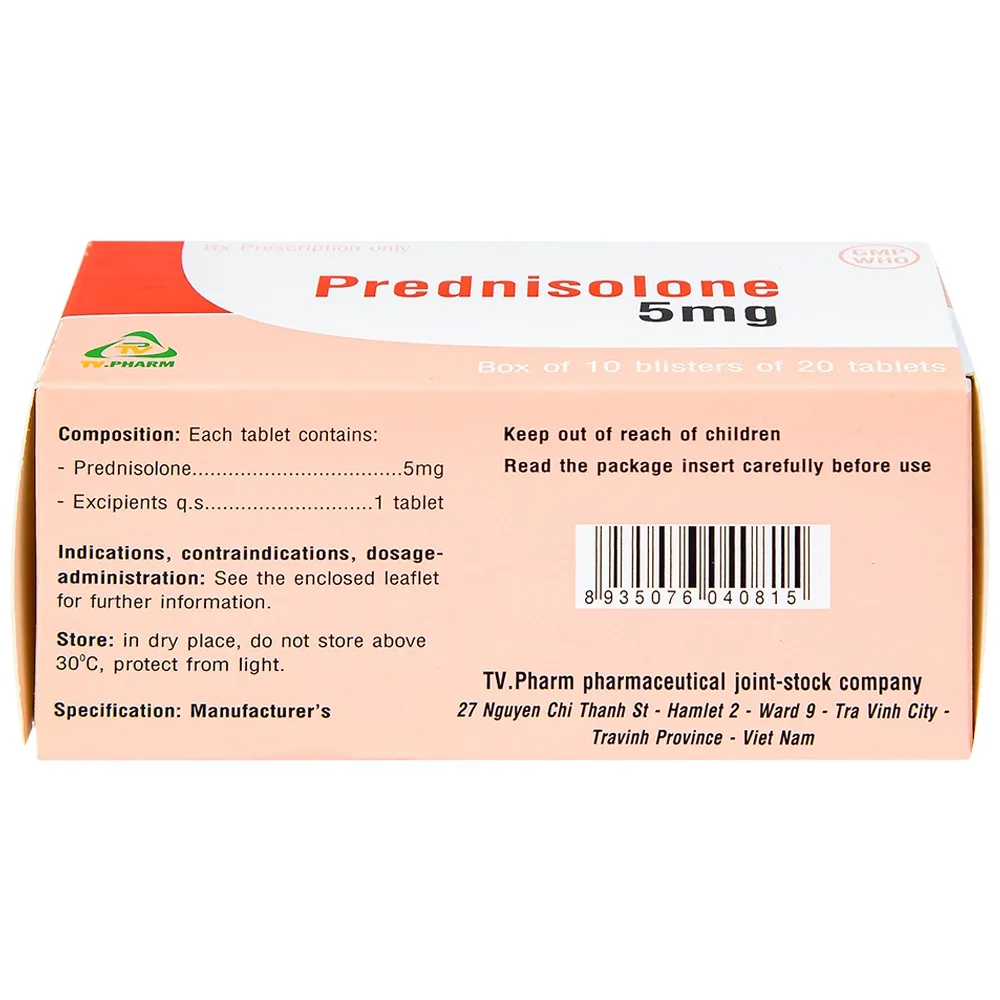 Hình ảnh Thuốc Prednisolone 5mg TV.Pharm chống viêm, chống dị ứng và ức chế miễn dịch (10 vỉ x 20 viên)