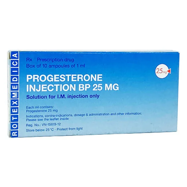 Hình ảnh Dung dịch tiêm Progesterone Injection BP 25mg điều trị trong chảy máu do rối loạn chức năng tử cung (10 ống)