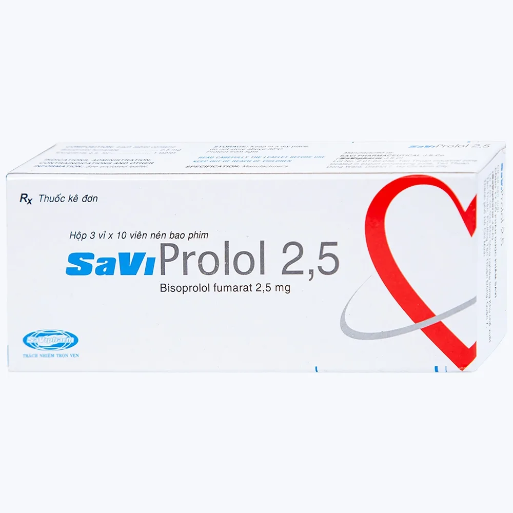 Hình ảnh Thuốc SaViProlol 2,5 điều trị tăng huyết áp, đau thắt ngực (3 vỉ x 10 viên)