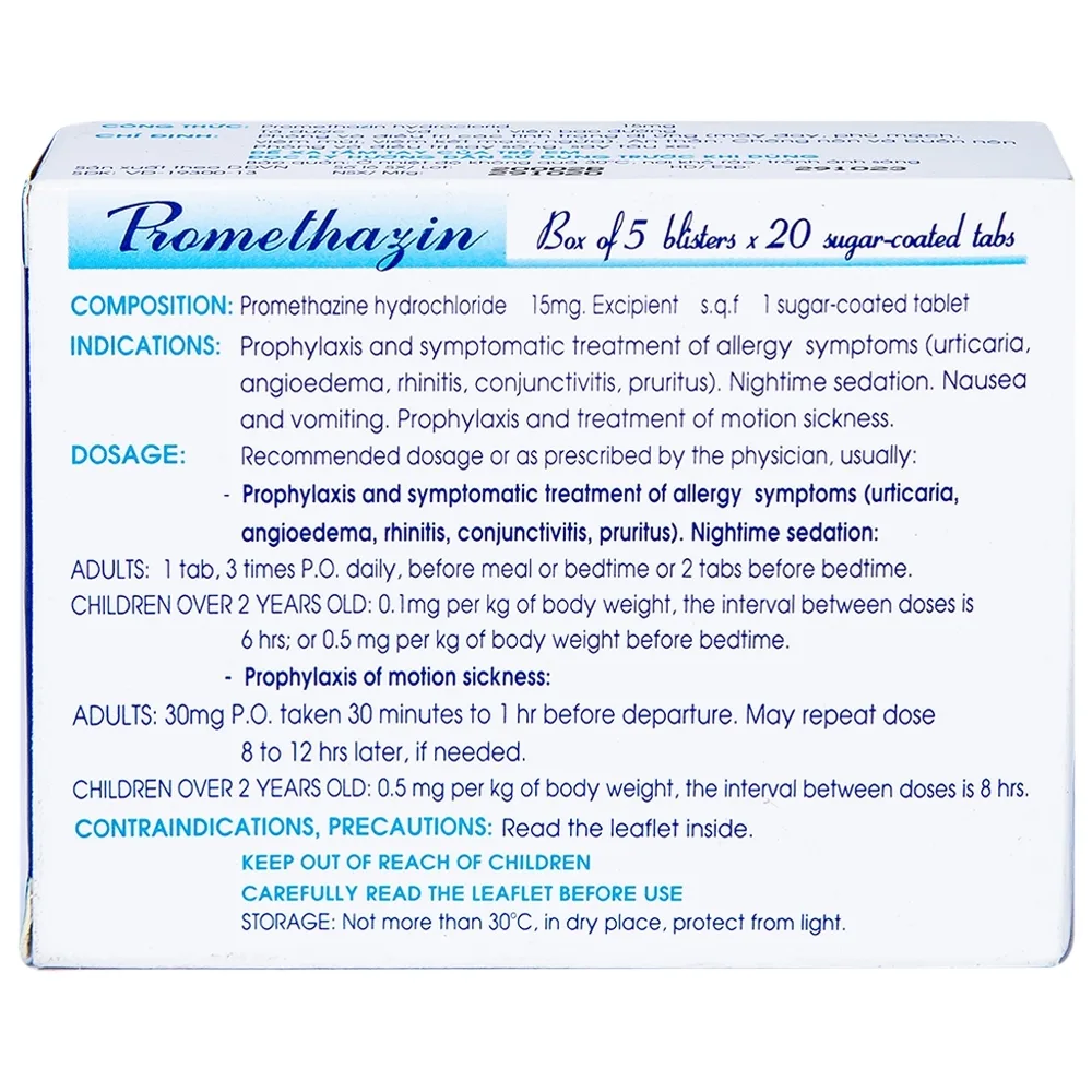 Hình ảnh Thuốc Promethazin 15mg Nadyphar phòng và điều trị các tình trạng dị ứng, chống nôn (5 vỉ x 20 viên)  