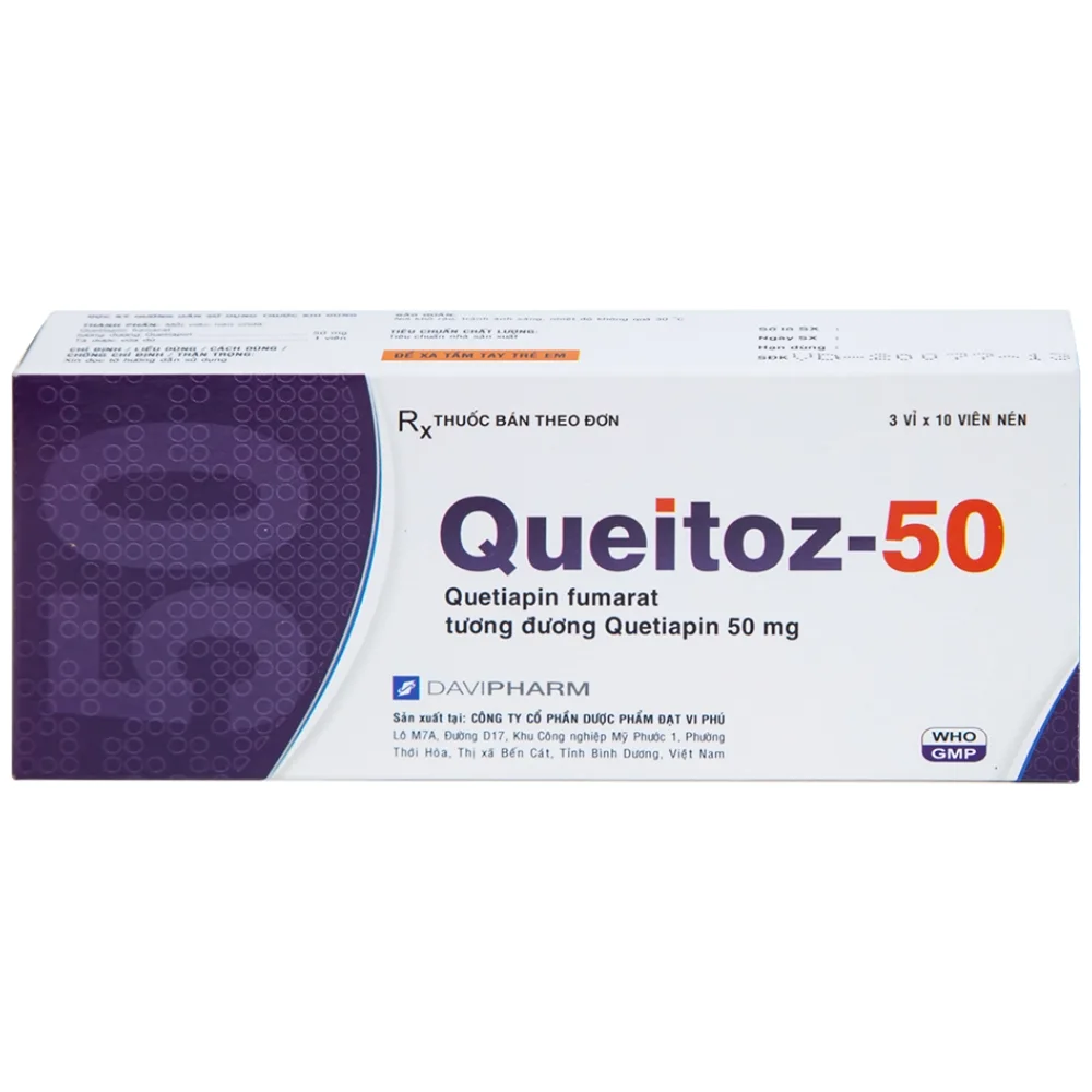 Hình ảnh Thuốc Queitoz-50 Davipharm điều trị tâm thần phân liệt, rối loạn lưỡng cực (3 vỉ x 10 viên) 