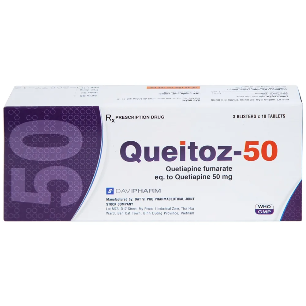 Hình ảnh Thuốc Queitoz-50 Davipharm điều trị tâm thần phân liệt, rối loạn lưỡng cực (3 vỉ x 10 viên) 