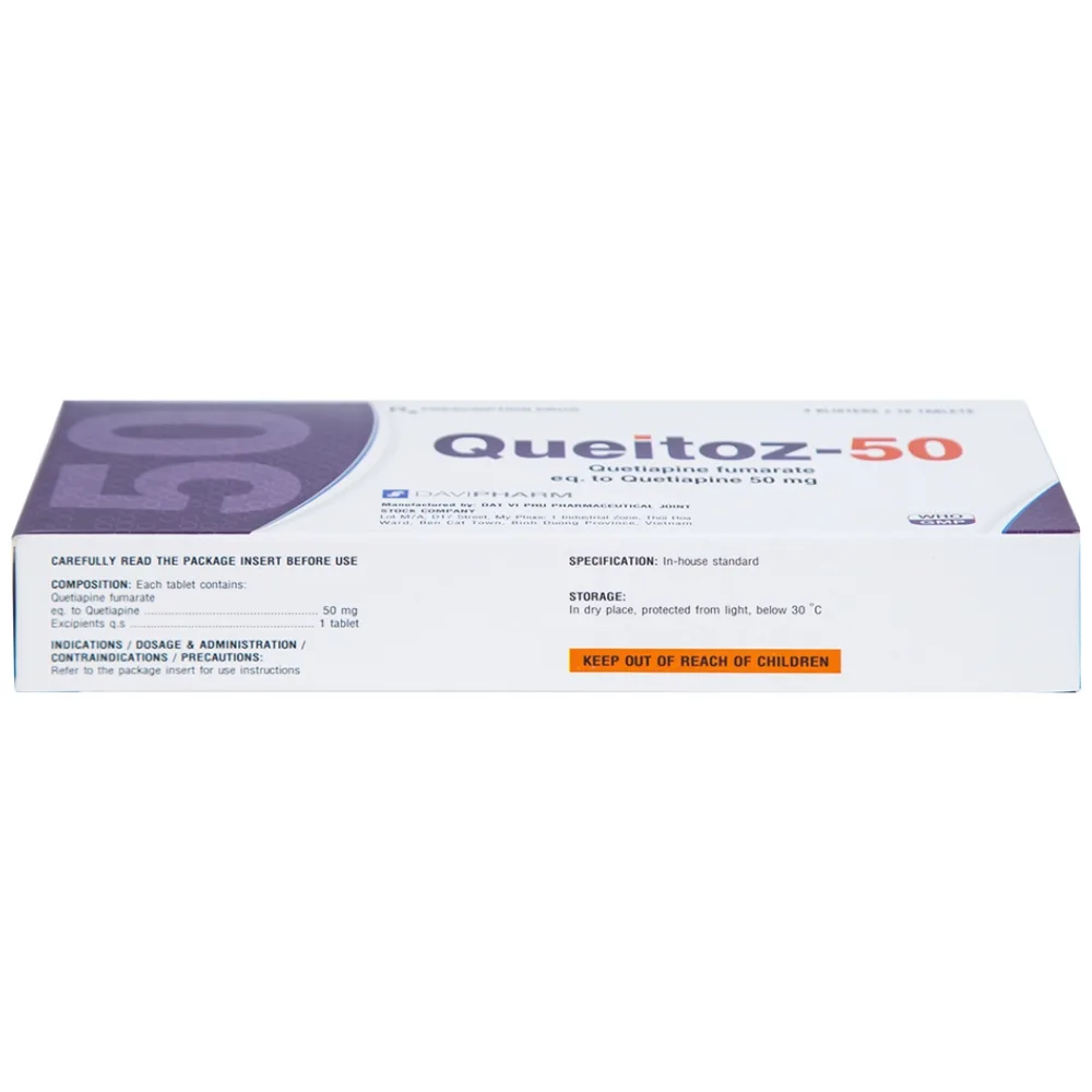 Hình ảnh Thuốc Queitoz-50 Davipharm điều trị tâm thần phân liệt, rối loạn lưỡng cực (3 vỉ x 10 viên) 