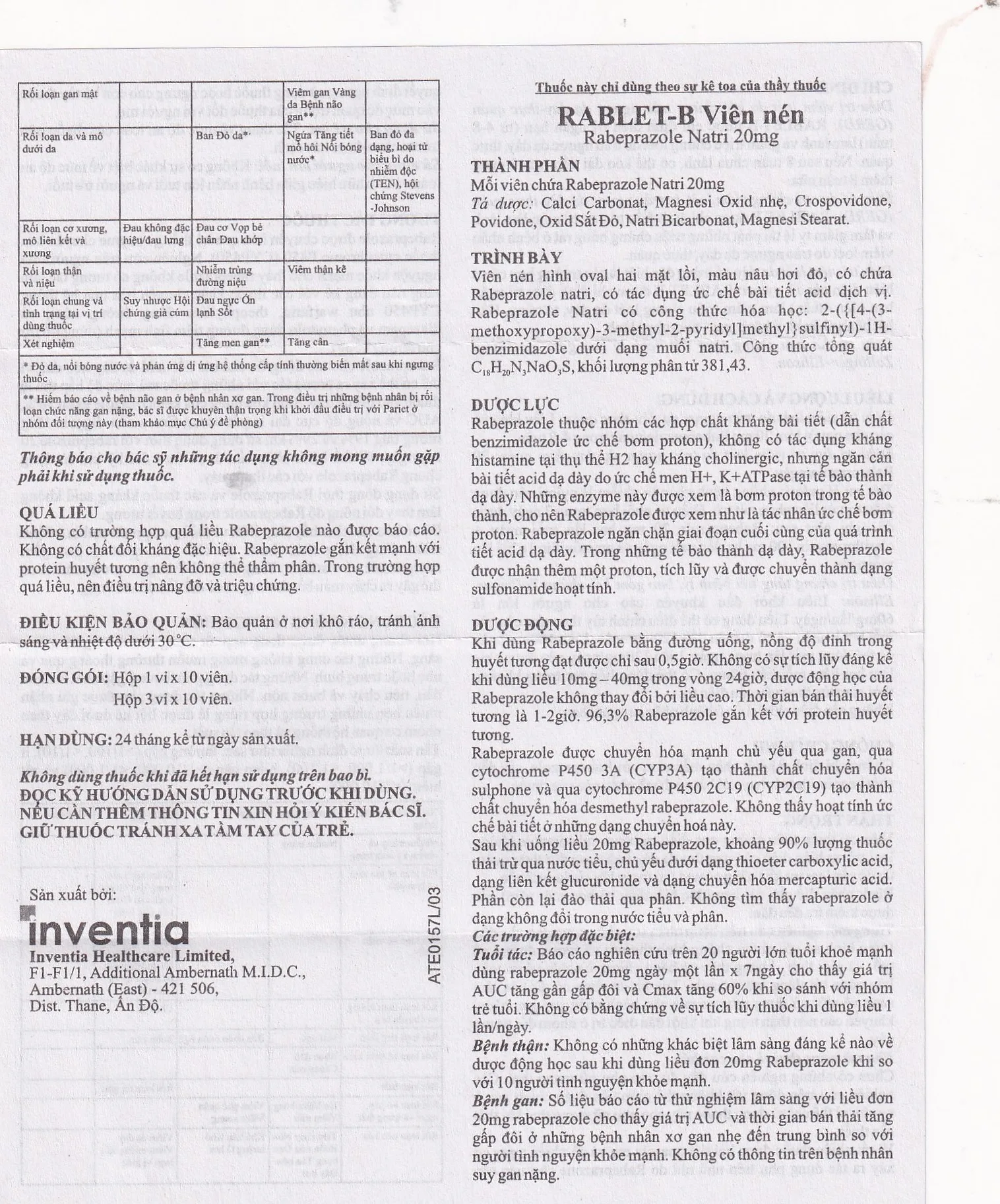 Hình ảnh Thuốc Rablet-B Inventia điều trị loét do hội chứng trào ngược dạ dày, thực quản (3 vỉ x 10 viên)