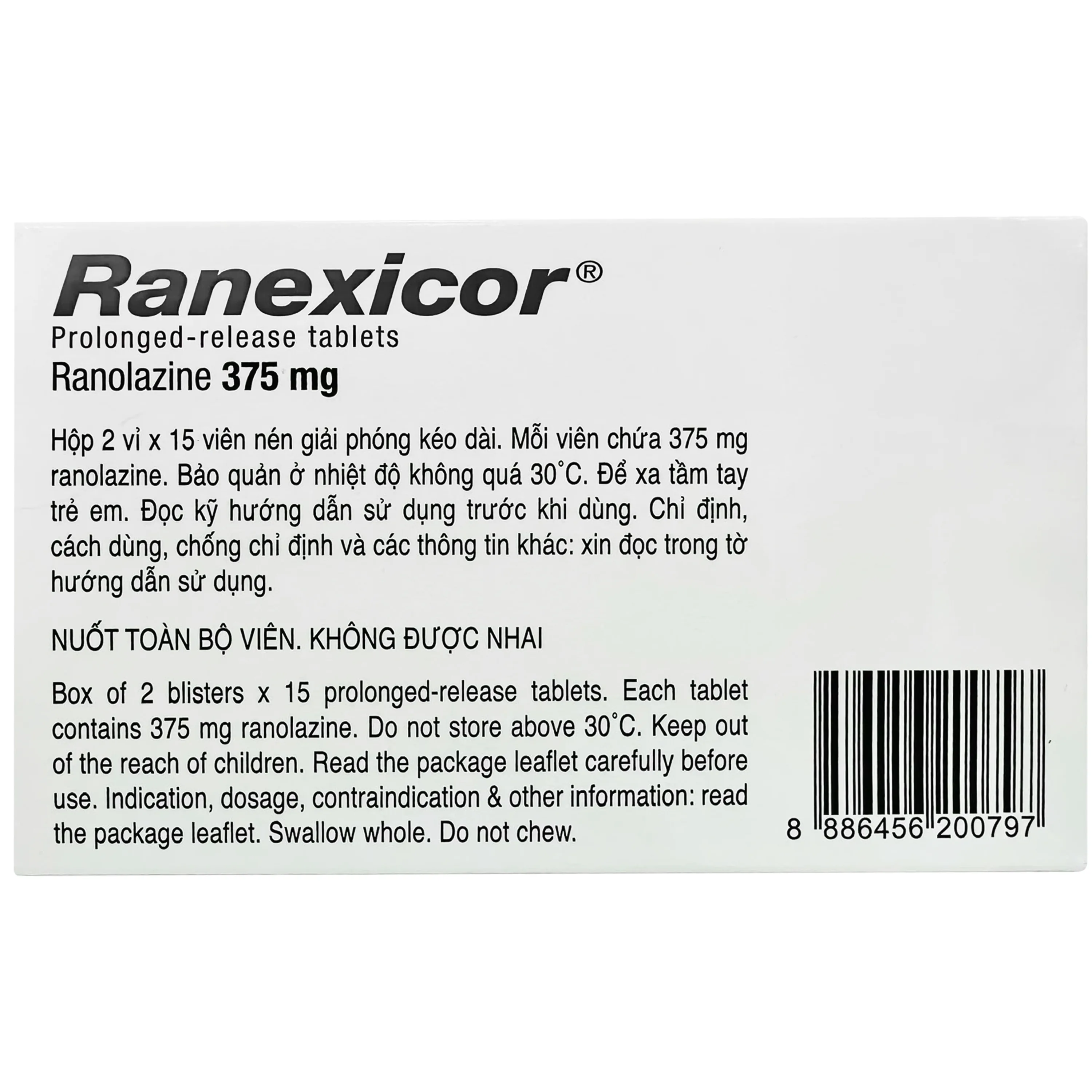 Hình ảnh Thuốc Ranexicor 375MG Menarini điều trị đau thắt ngực mãn tính (2 vỉ x 15 viên)