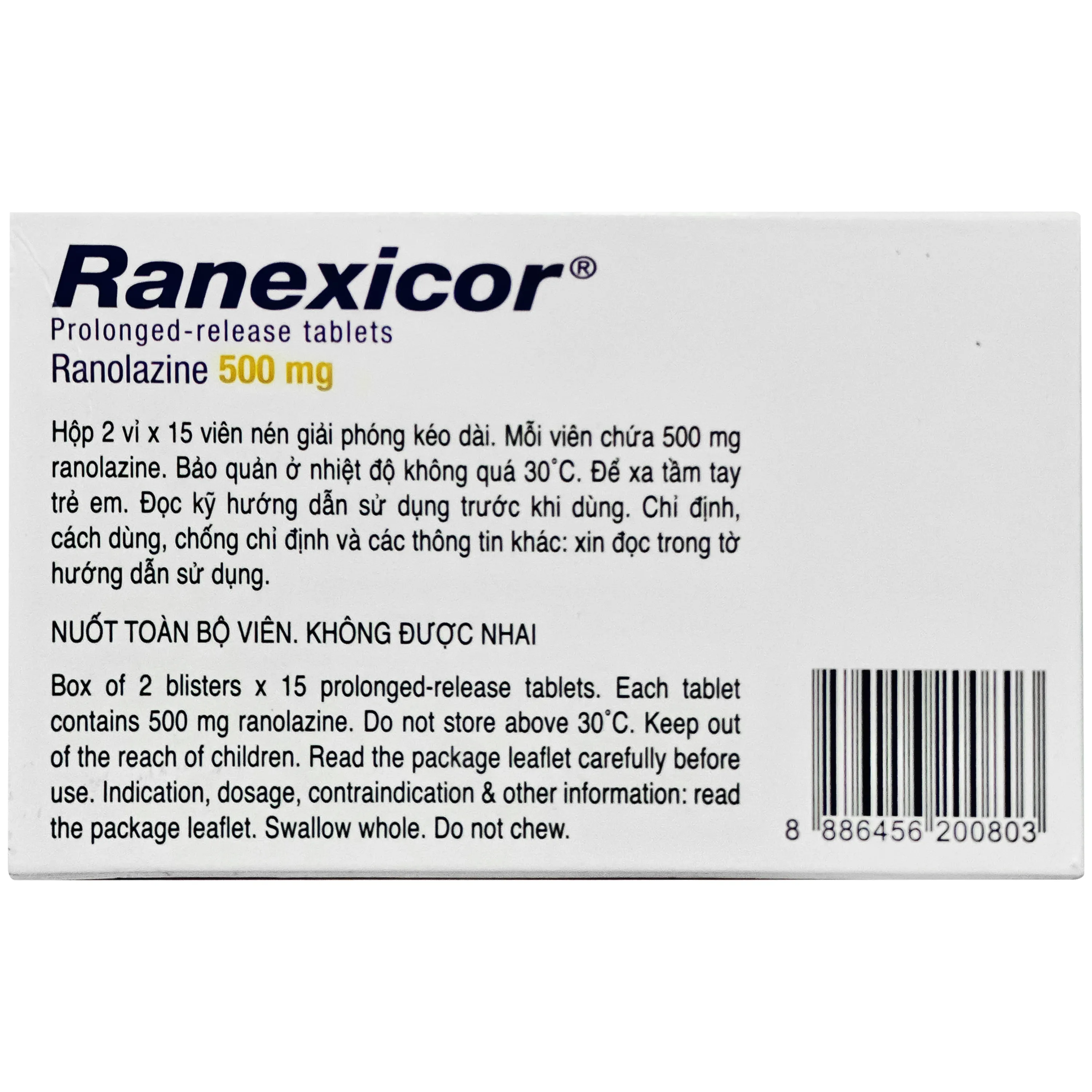 Hình ảnh Thuốc Ranexicor 500mg Menarini điều trị đau thắt ngực mãn tính (2 vỉ 15 viên)