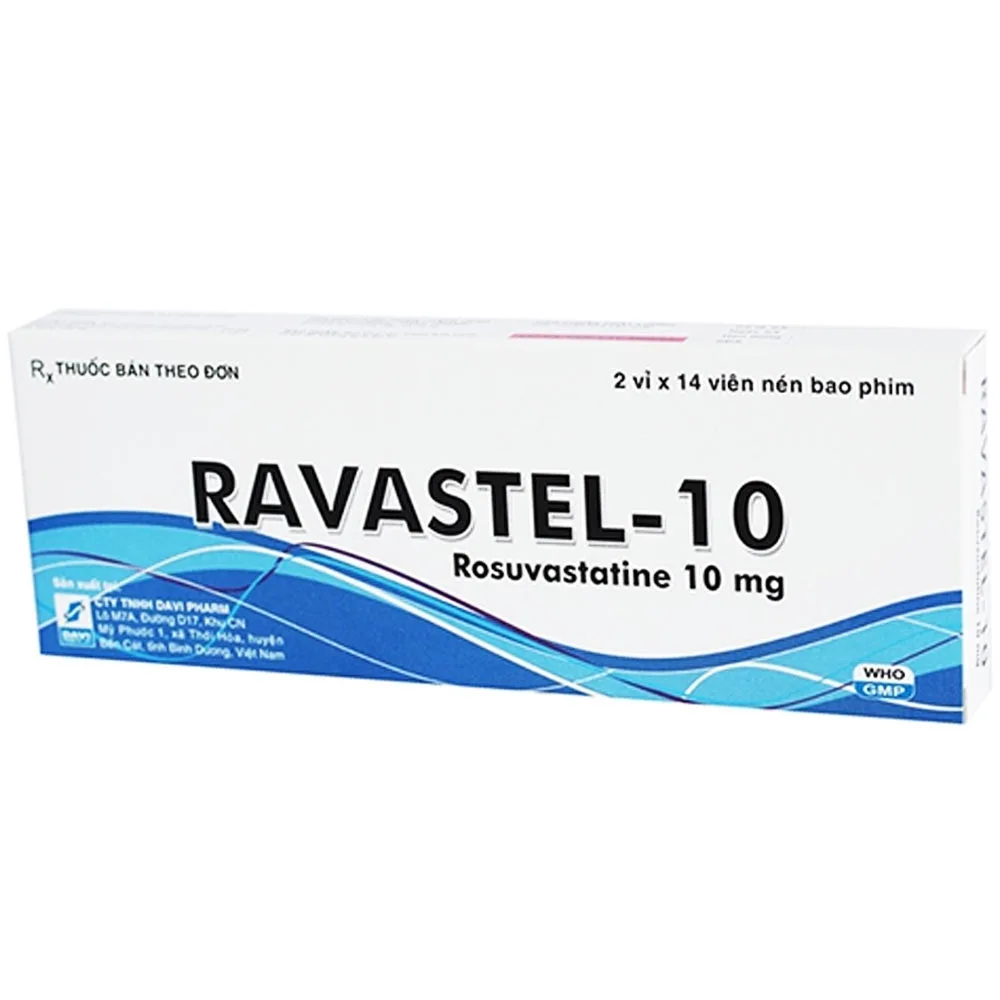 Hình ảnh Thuốc Ravastel-10 DaVi Pharm điều trị tăng cholesterol huyết và phòng ngừa biến cố tim mạch (2 vỉ x 14 viên)