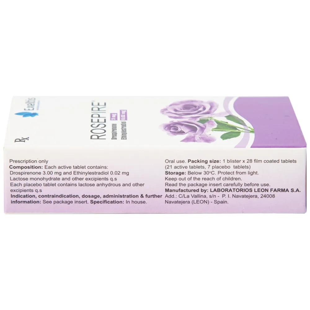 Hình ảnh Thuốc Rosepire 3mg/0,02mg Exeltis tím dùng để tránh thai (1 vỉ x 28 viên)