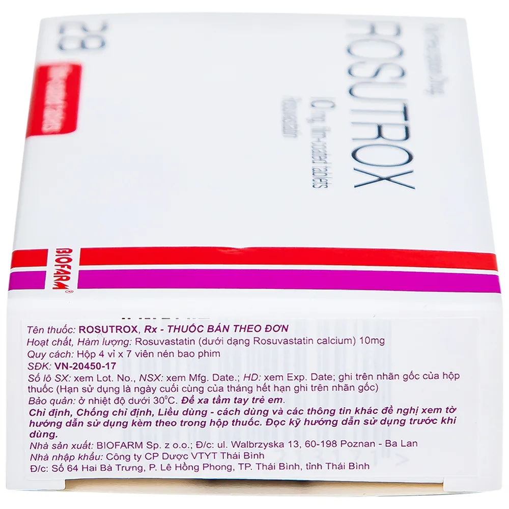 Hình ảnh Thuốc Rosutrox 10mg Biofarm điều trị tăng cholesterol máu (4 vỉ x 7 viên) 