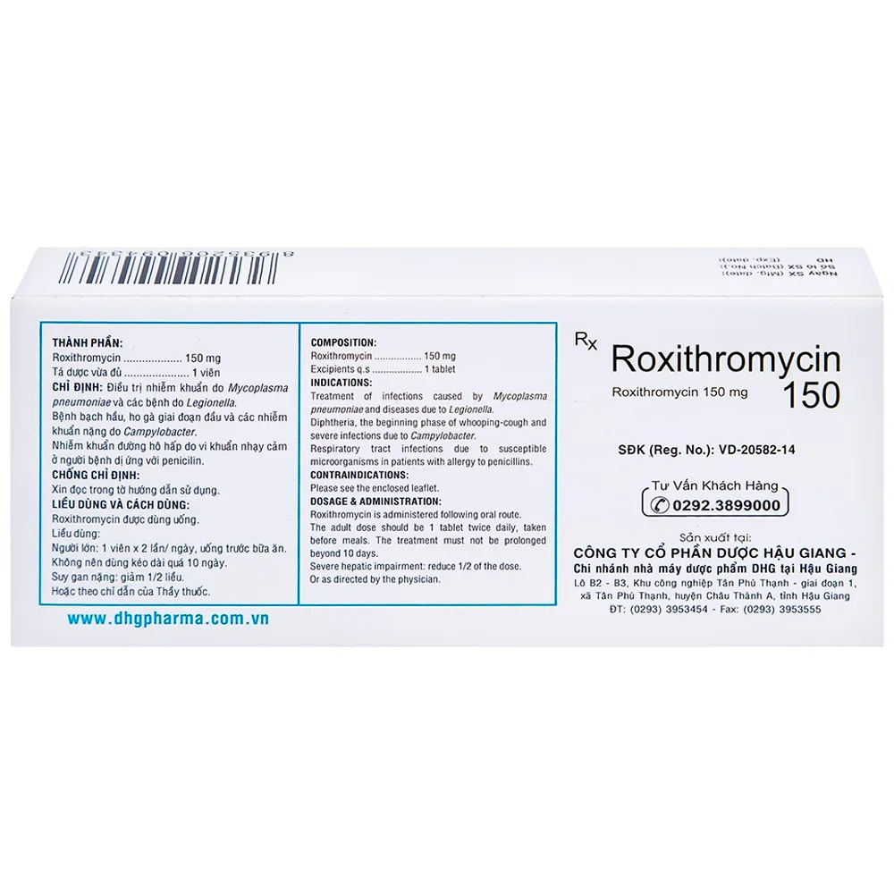 Hình ảnh Thuốc Roxithromycin 150 DHG điều trị các loại nhiễm khuẩn, bệnh bạch hầu, ho gà (3 vỉ x 10 viên)