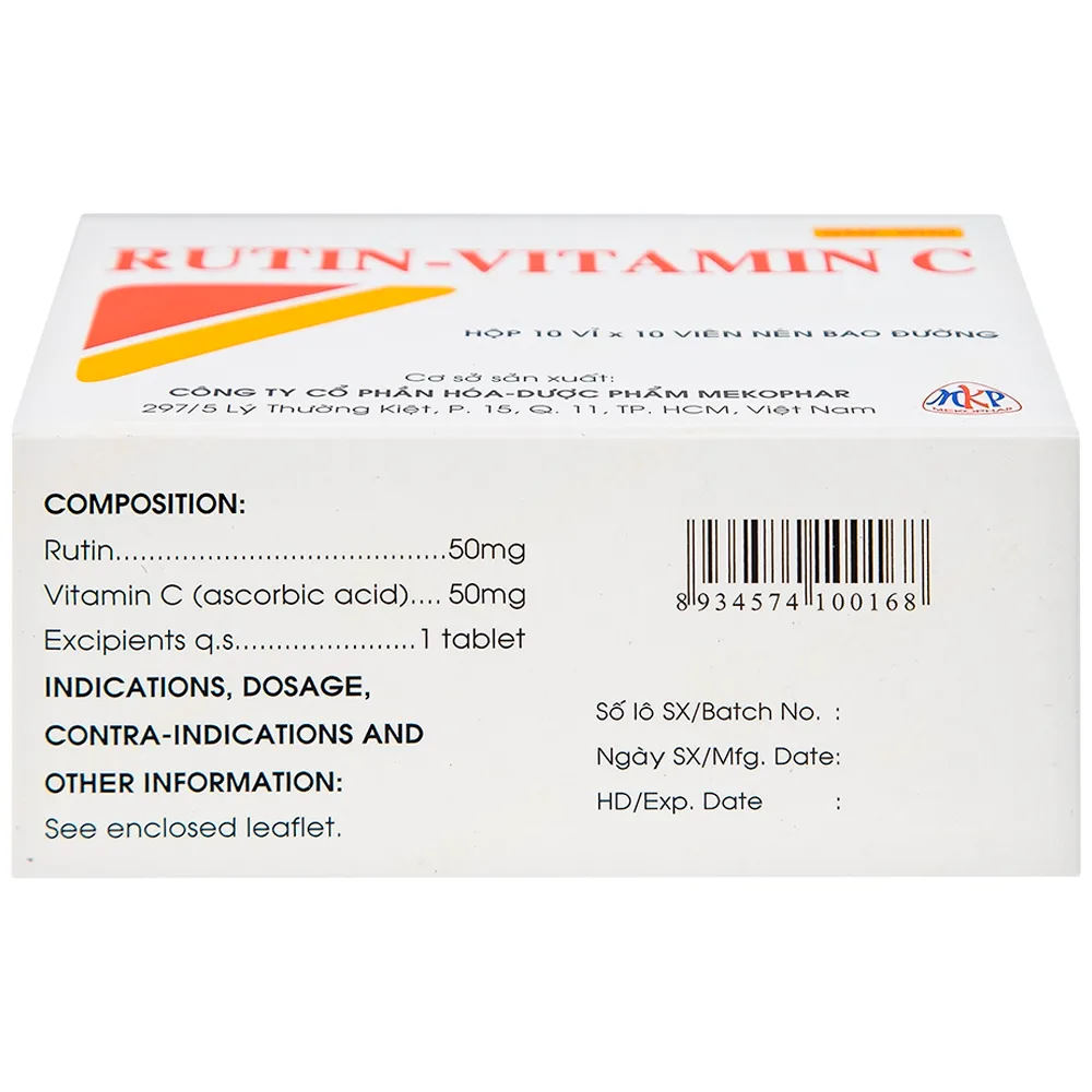 Hình ảnh Thuốc Rutin-Vitamin C Mekophar hỗ trợ điều trị các hội chứng chảy máu, xơ cứng (10 vỉ x 10 viên)
