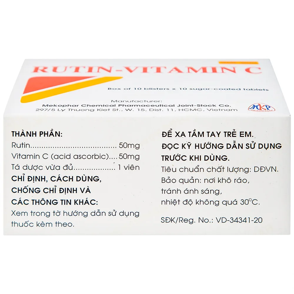 Hình ảnh Thuốc Rutin-Vitamin C Mekophar hỗ trợ điều trị các hội chứng chảy máu, xơ cứng (10 vỉ x 10 viên)