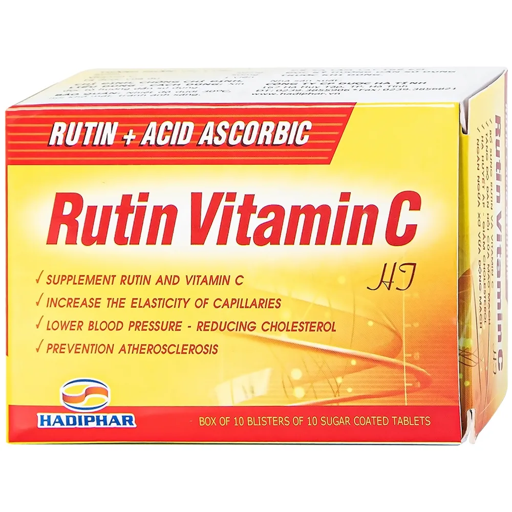Hình ảnh Thuốc Rutin Vitamin C Hadiphar tăng sức bền thành mao mạch, điều trị chứng giãn tĩnh mạch (10 vỉ x 10 viên)