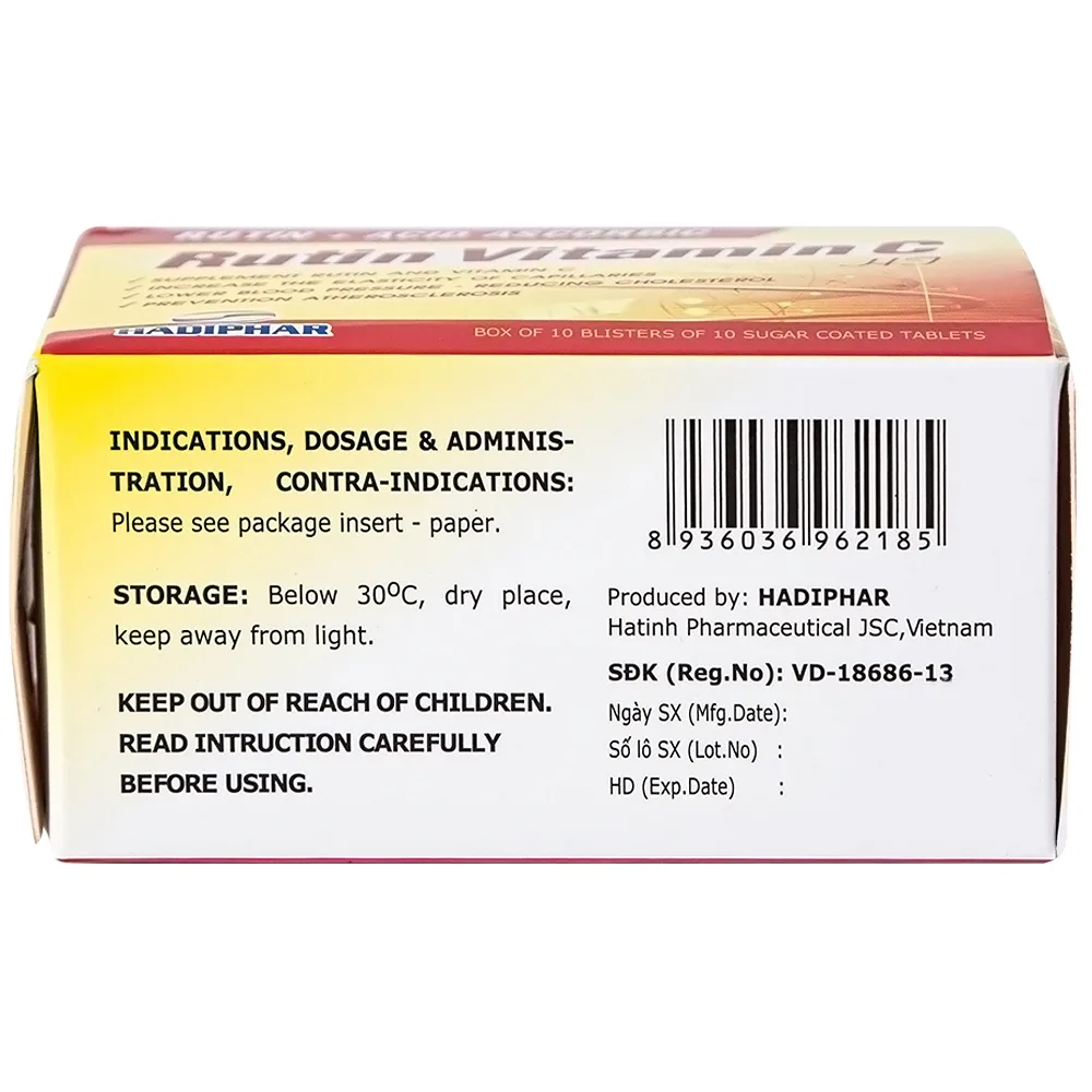 Hình ảnh Thuốc Rutin Vitamin C Hadiphar tăng sức bền thành mao mạch, điều trị chứng giãn tĩnh mạch (10 vỉ x 10 viên)