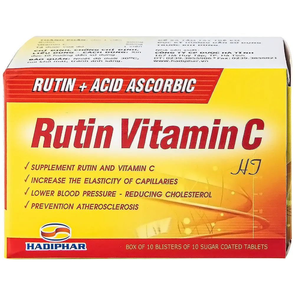 Hình ảnh Thuốc Rutin Vitamin C Hadiphar tăng sức bền thành mao mạch, điều trị chứng giãn tĩnh mạch (10 vỉ x 10 viên)