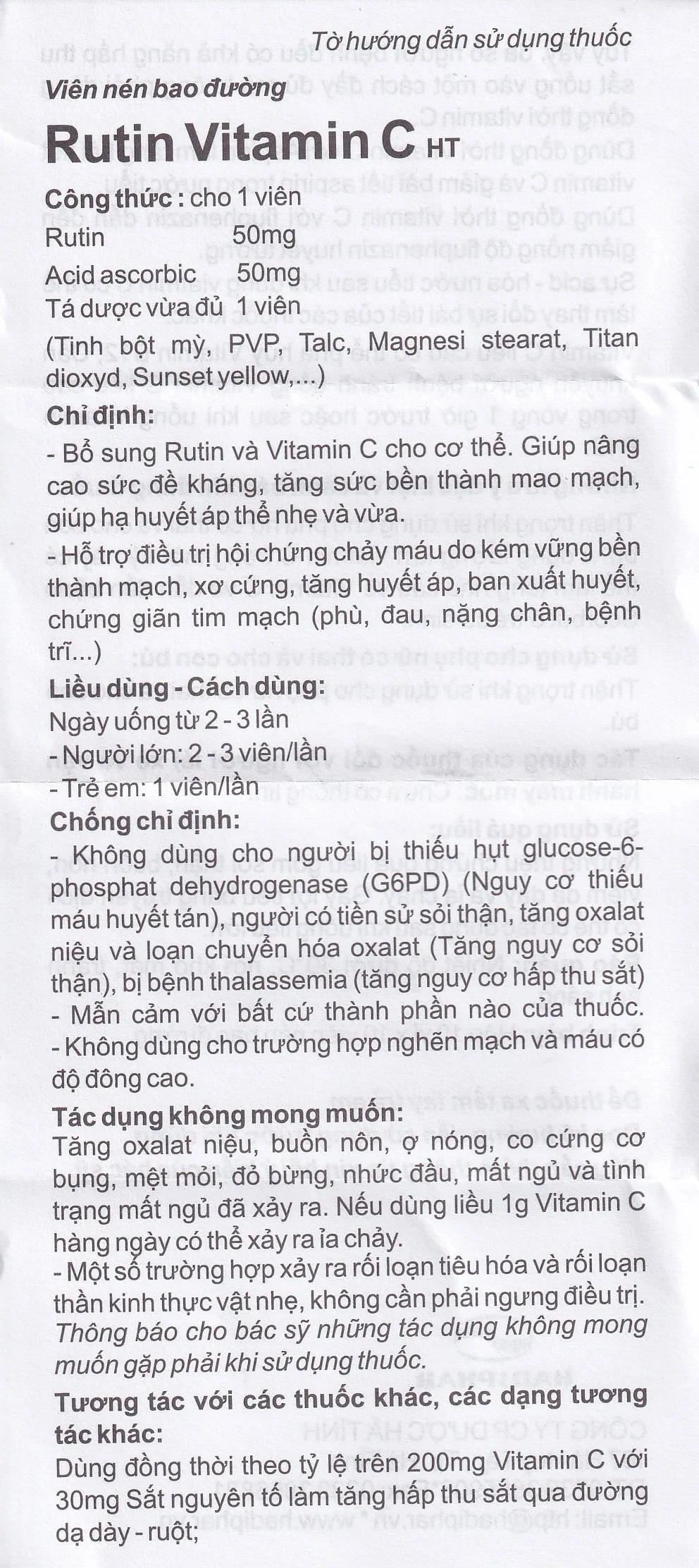 Hình ảnh Thuốc Rutin Vitamin C Hadiphar tăng sức bền thành mao mạch, điều trị chứng giãn tĩnh mạch (10 vỉ x 10 viên)