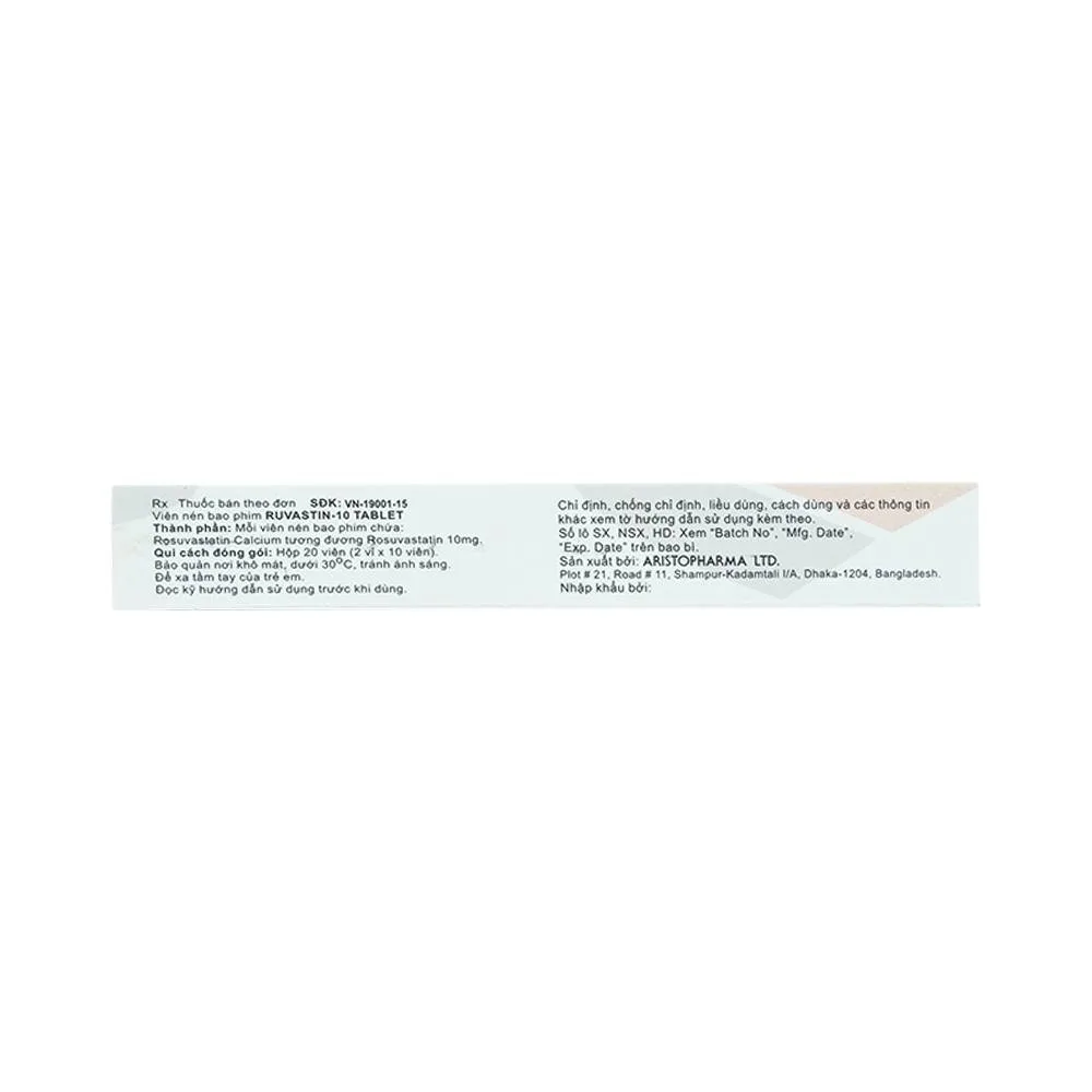 Hình ảnh Thuốc Ruvastin 10mg Aristopharma giảm sự gia tăng cholesterol toàn phần (20 viên)