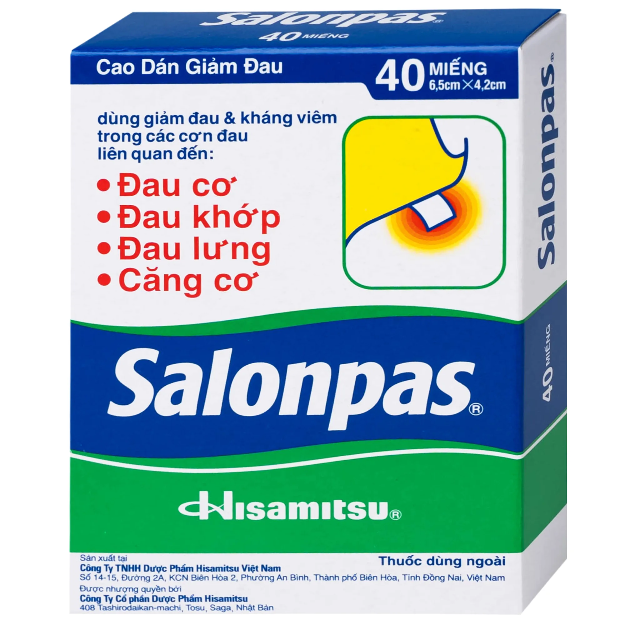Hình ảnh Thuốc Salonpas 6.5cm x 4.2cm Hisamitsu hỗ trợ giảm đau, kháng viêm (5 hộp x 4 gói)