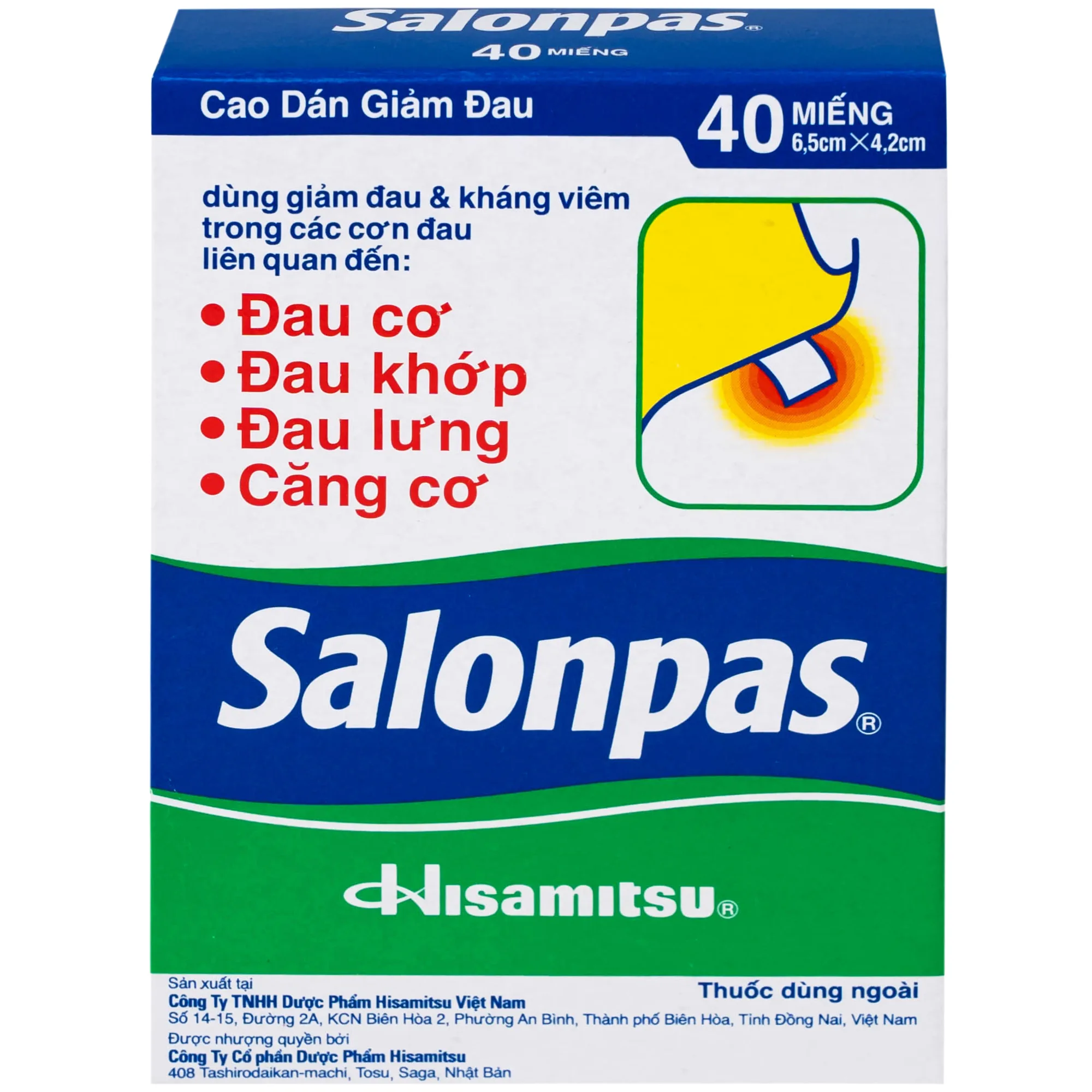 Hình ảnh Thuốc Salonpas 6.5cm x 4.2cm Hisamitsu hỗ trợ giảm đau, kháng viêm (5 hộp x 4 gói)