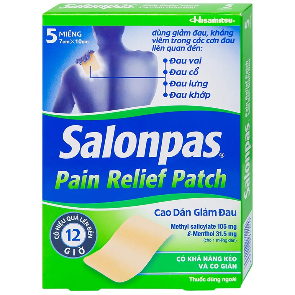 Hình ảnh Cao dán giảm đau Salonpas Pain Relief Patch dùng trong các cơn đau vai, đau cổ (7cm x 10 cm - 5 miếng)