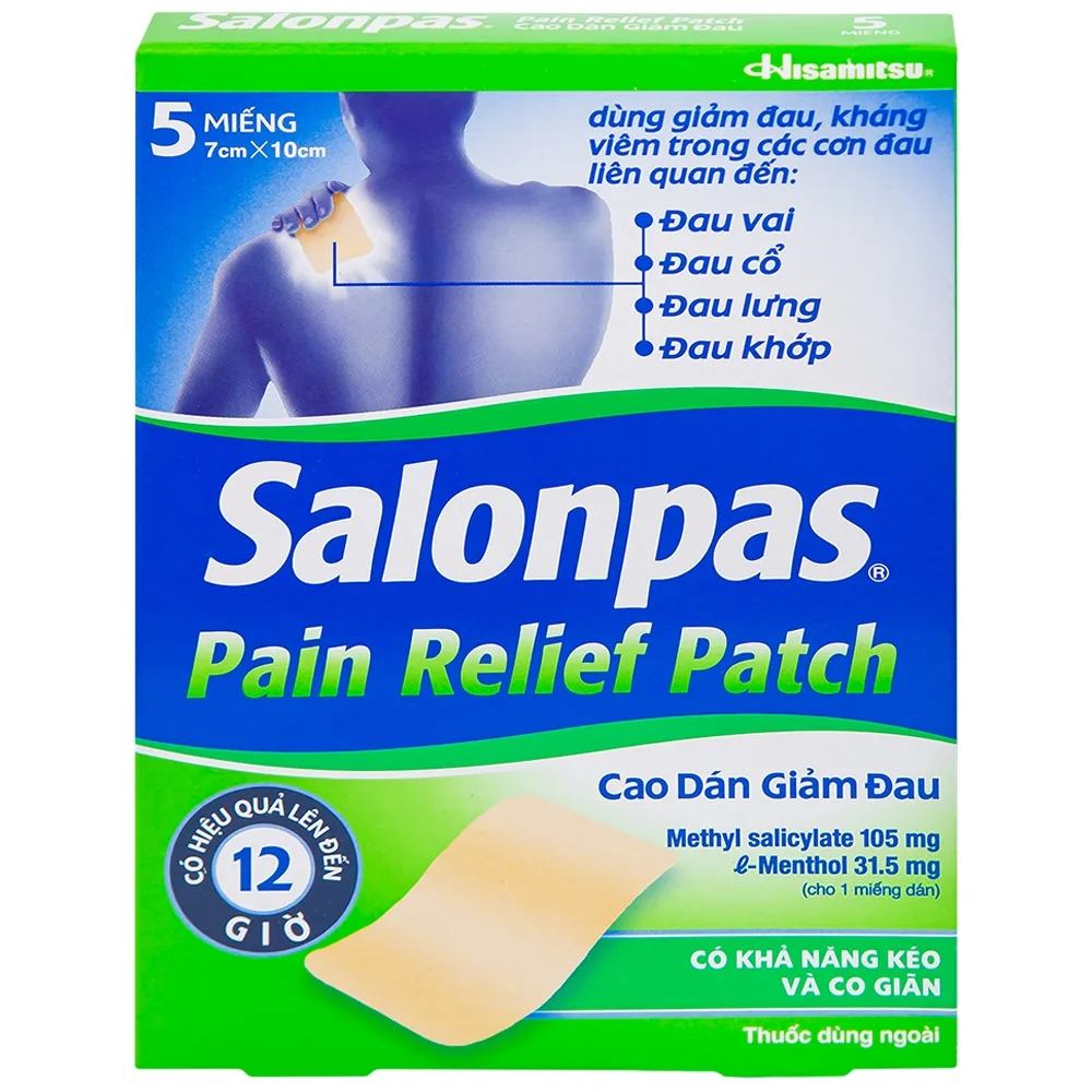Hình ảnh Cao dán giảm đau Salonpas Pain Relief Patch dùng trong các cơn đau vai, đau cổ (7cm x 10 cm - 5 miếng)