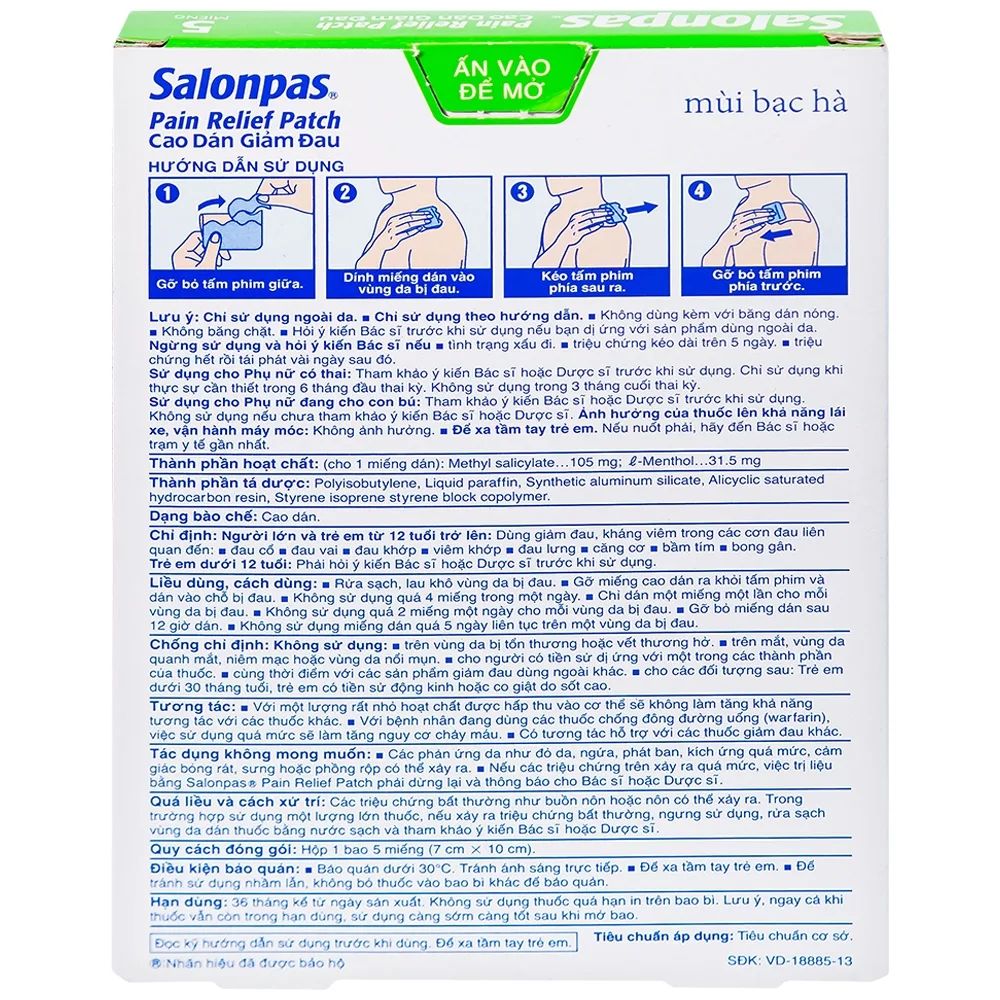 Hình ảnh Cao dán giảm đau Salonpas Pain Relief Patch dùng trong các cơn đau vai, đau cổ (7cm x 10 cm - 5 miếng)
