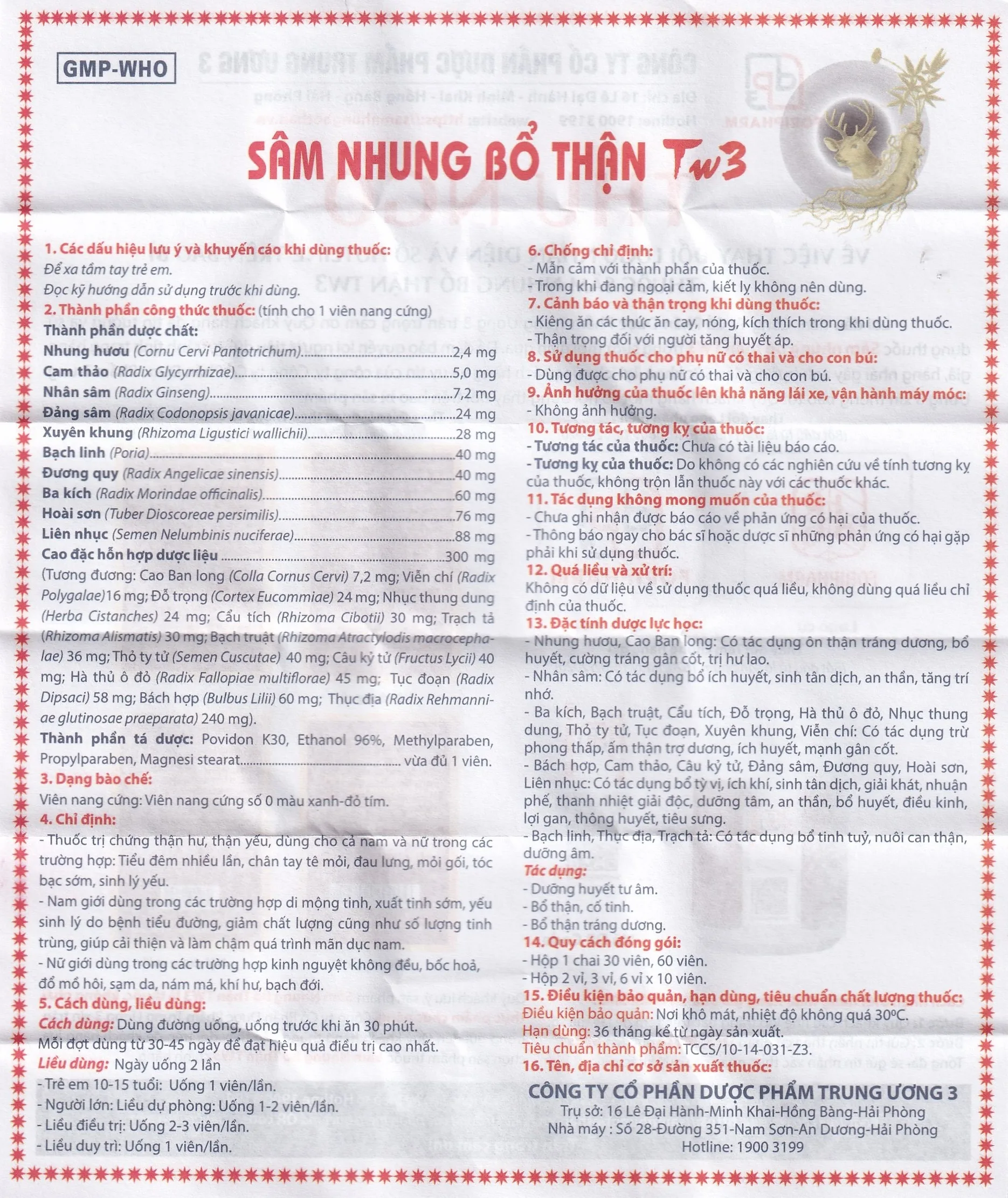 Hình ảnh Thuốc Sâm Nhung Bổ Thận TW3 dưỡng huyết tư âm, bổ thận, cố tinh (30 viên)