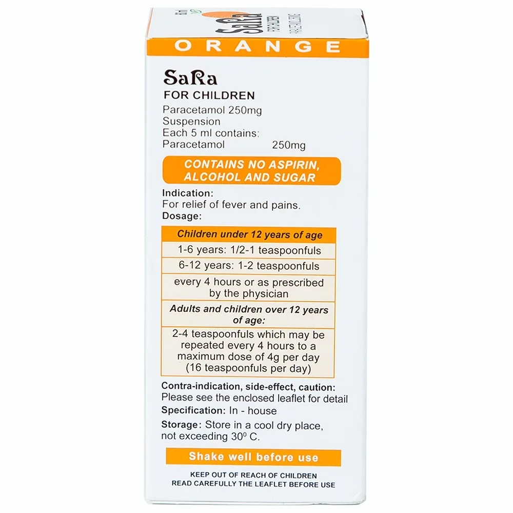 Hình ảnh Hỗn dịch SaRa For Children 250mg Thai Nakorn Patana hương cam, hạ sốt và giảm đau (60ml)