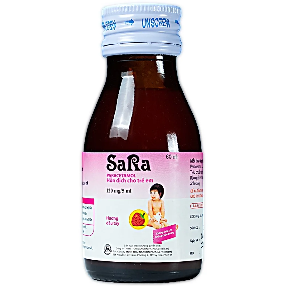 Hình ảnh Thuốc Sara 120mg/5ml Thai Nakorn Patana hương dâu tây hạ sốt, giảm đau cho trẻ (60ml)