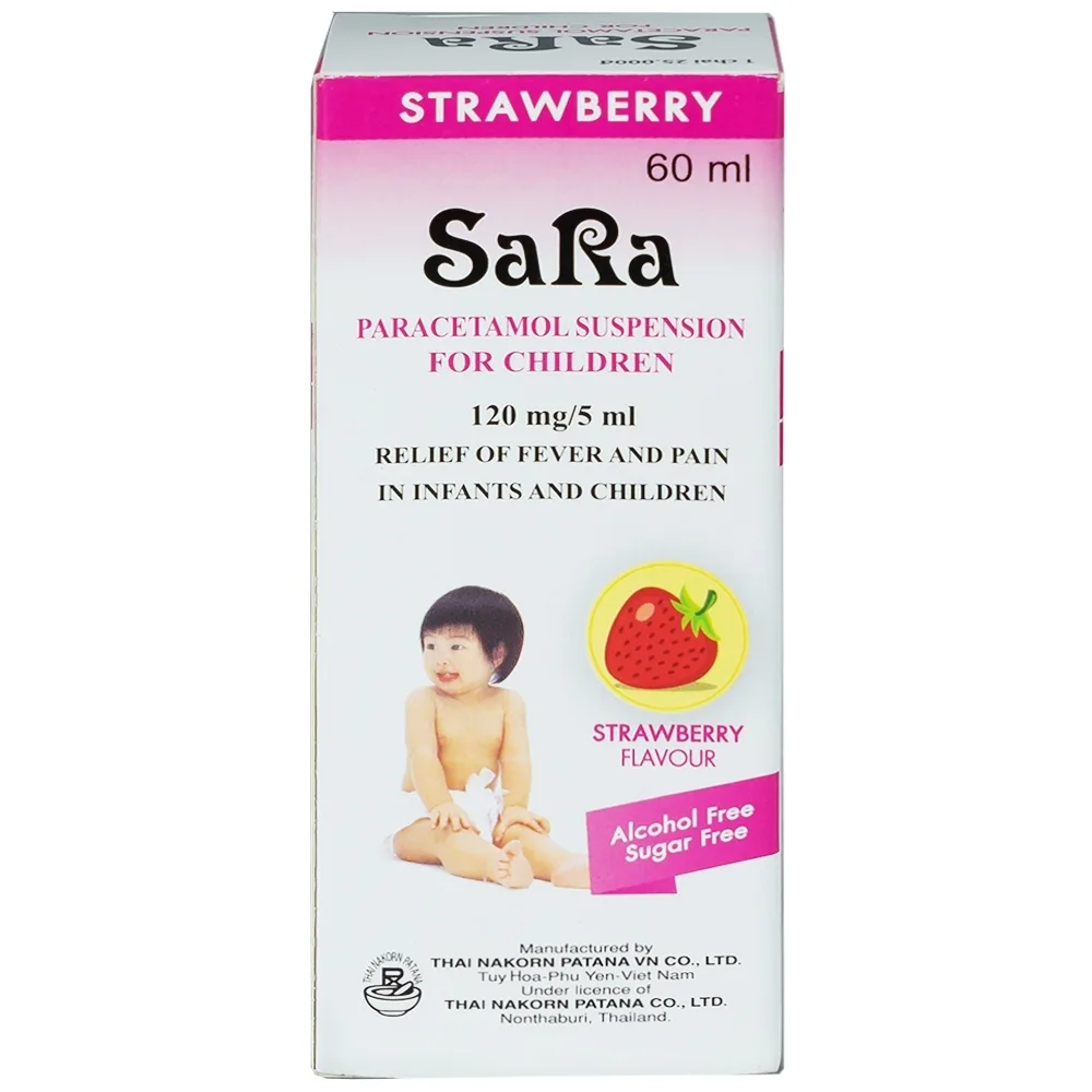 Hình ảnh Thuốc Sara 120mg/5ml Thai Nakorn Patana hương dâu tây hạ sốt, giảm đau cho trẻ (60ml)