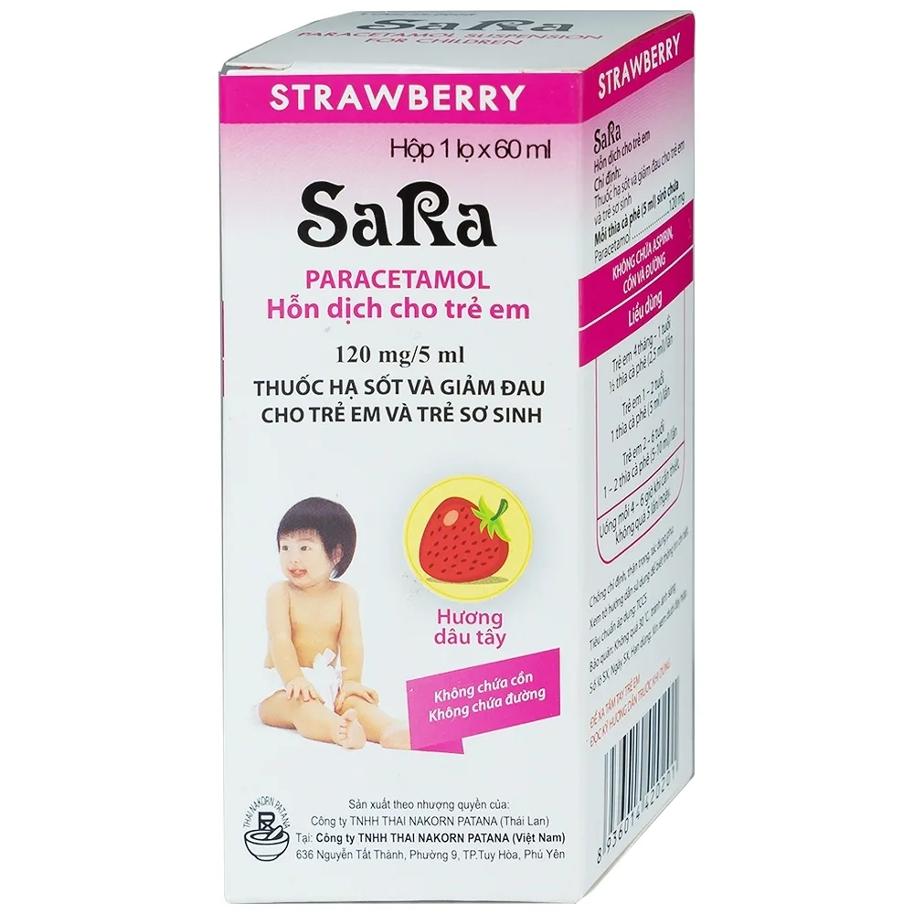 Hình ảnh Thuốc Sara 120mg/5ml Thai Nakorn Patana hương dâu tây hạ sốt, giảm đau cho trẻ (60ml)