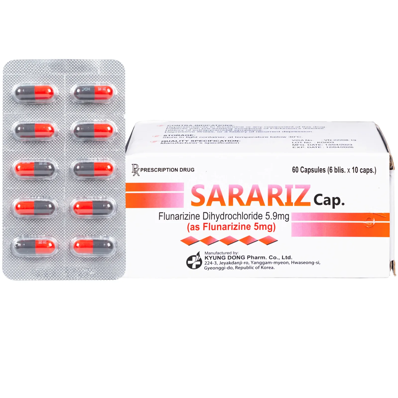 Hình ảnh Thuốc Sarariz 5.9mg Kyung Dong điều trị đau nửa đầu, chứng chóng mặt (60 viên)