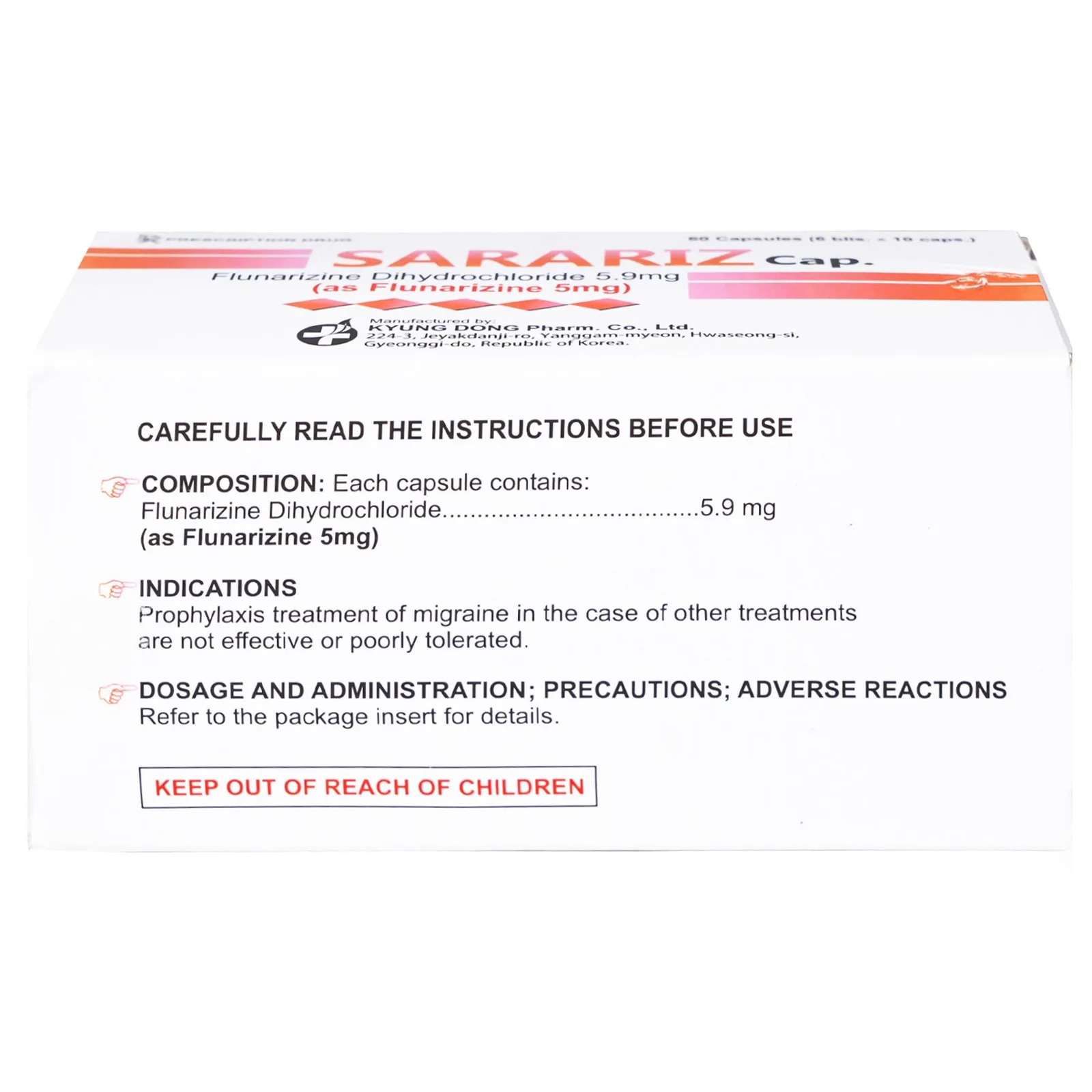 Hình ảnh Thuốc Sarariz 5.9mg Kyung Dong điều trị đau nửa đầu, chứng chóng mặt (60 viên)