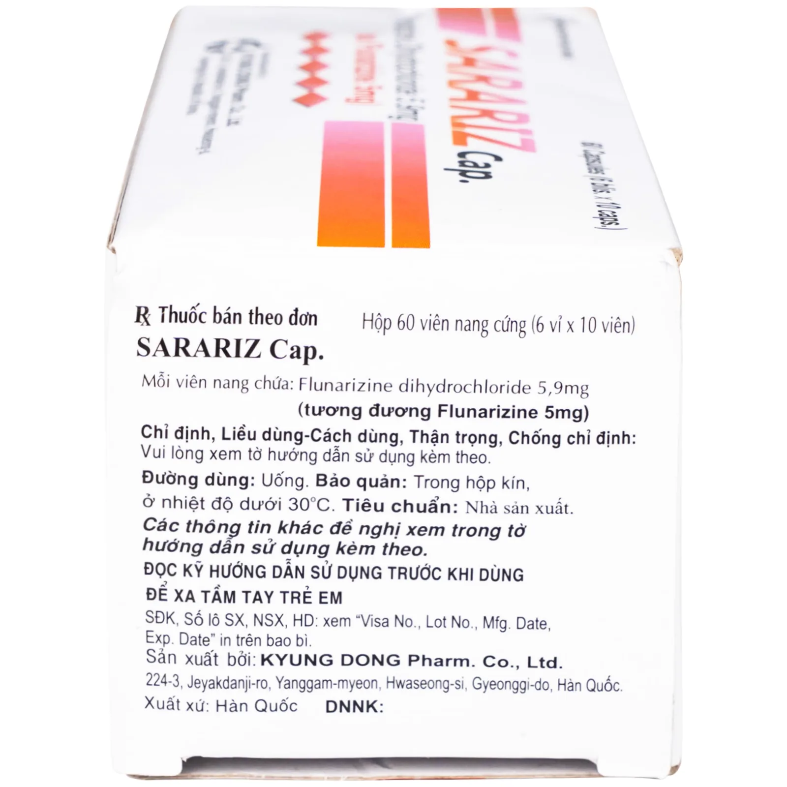 Hình ảnh Thuốc Sarariz 5.9mg Kyung Dong điều trị đau nửa đầu, chứng chóng mặt (60 viên)