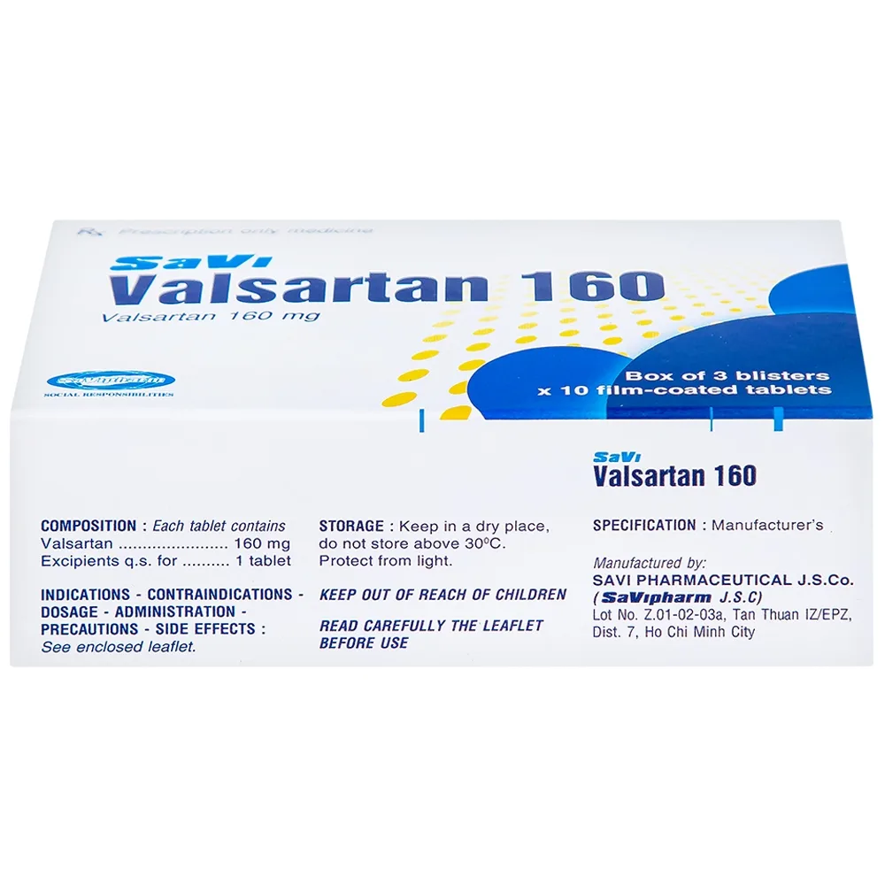 Hình ảnh Thuốc Savi Valsartan 160 điều trị tăng huyết áp, nhồi máu cơ tim (3 vỉ x 10 viên)