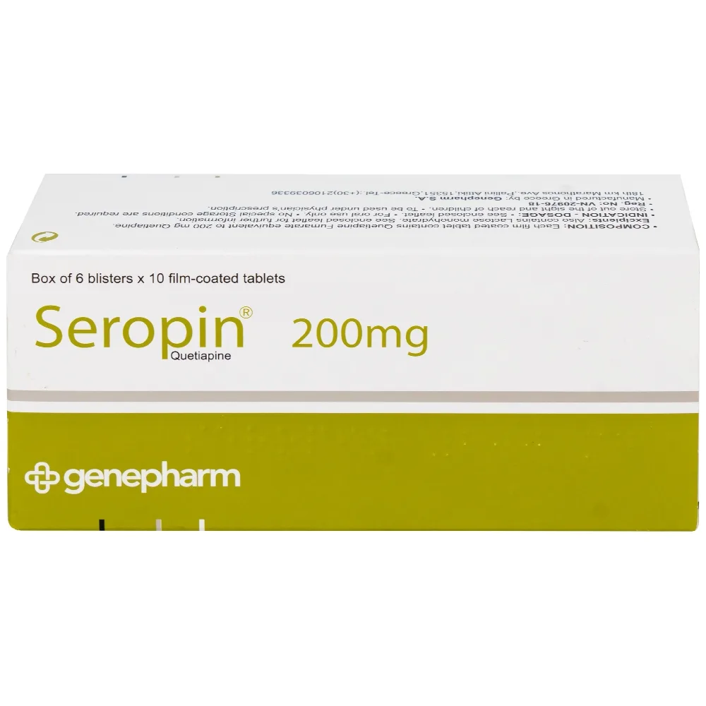 Hình ảnh Thuốc Seropin 200mg Genepharm điều trị tâm thần phân liệt, hưng cảm lưỡng cực, trầm cảm lưỡng cực (6 vỉ x 10 viên)