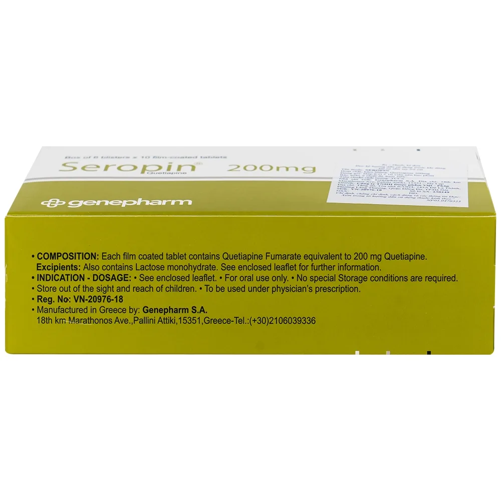 Hình ảnh Thuốc Seropin 200mg Genepharm điều trị tâm thần phân liệt, hưng cảm lưỡng cực, trầm cảm lưỡng cực (6 vỉ x 10 viên)
