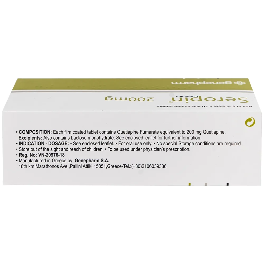 Hình ảnh Thuốc Seropin 200mg Genepharm điều trị tâm thần phân liệt, hưng cảm lưỡng cực, trầm cảm lưỡng cực (6 vỉ x 10 viên)