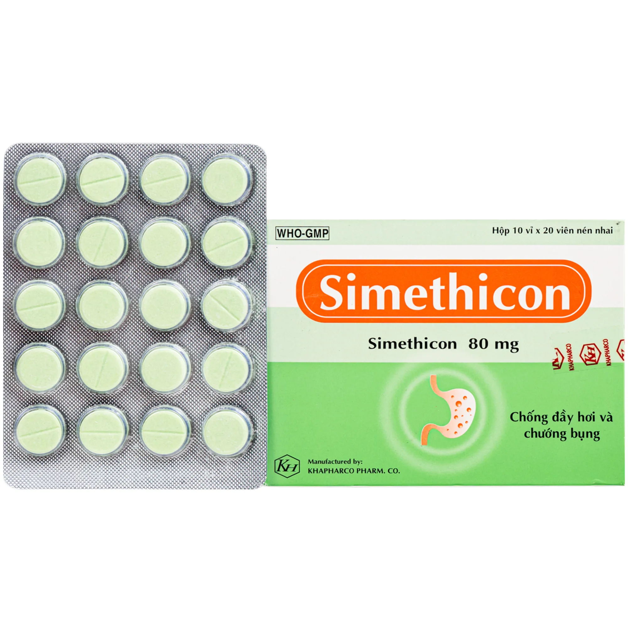 Hình ảnh Thuốc Simethicon 80mg Khapharco điều trị triệu chứng đầy hơi, chướng bụng, khó tiêu do tích tụ khí trong dạ dày, ruột (10 vỉ x 20 viên)