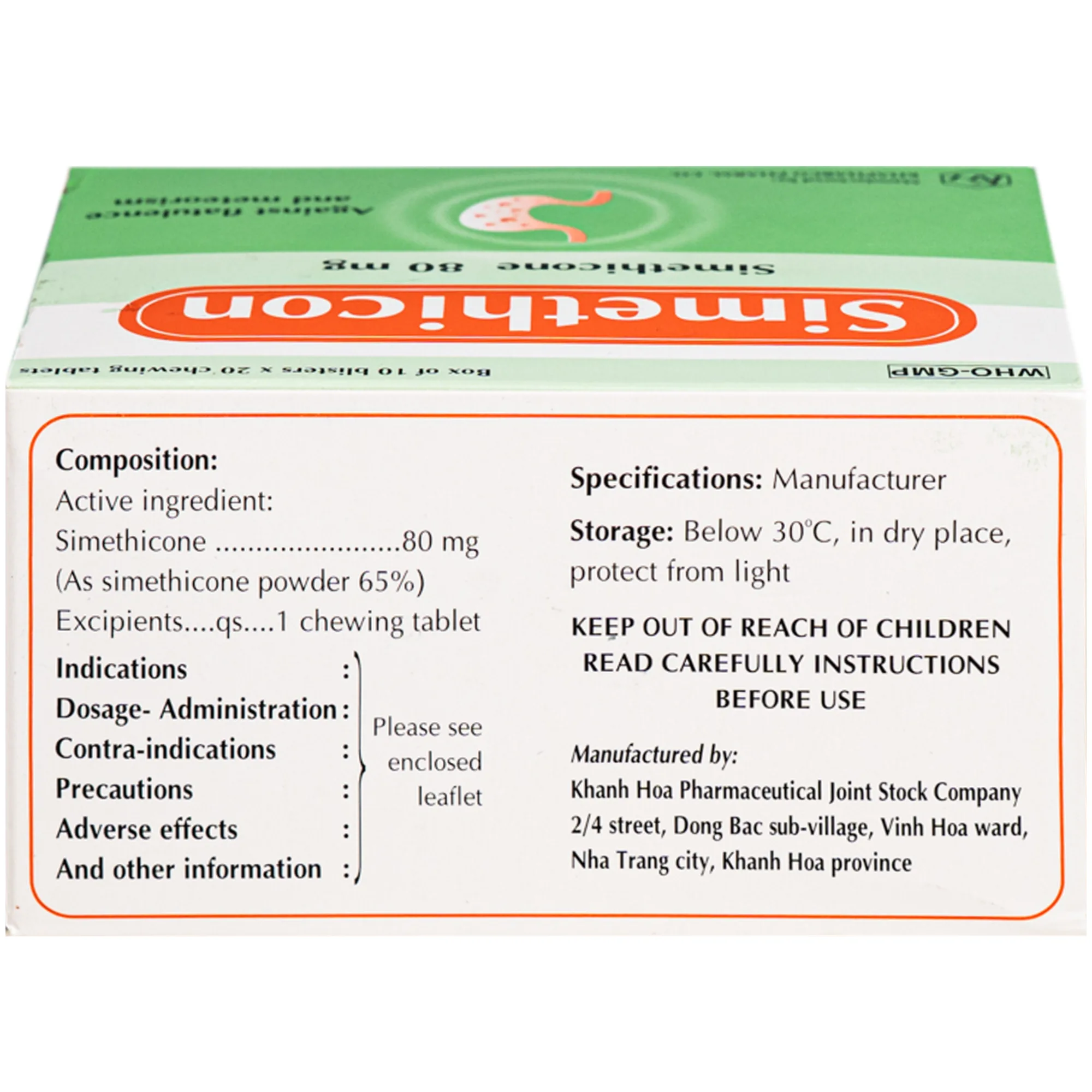 Hình ảnh Thuốc Simethicon 80mg Khapharco điều trị triệu chứng đầy hơi, chướng bụng, khó tiêu do tích tụ khí trong dạ dày, ruột (10 vỉ x 20 viên)