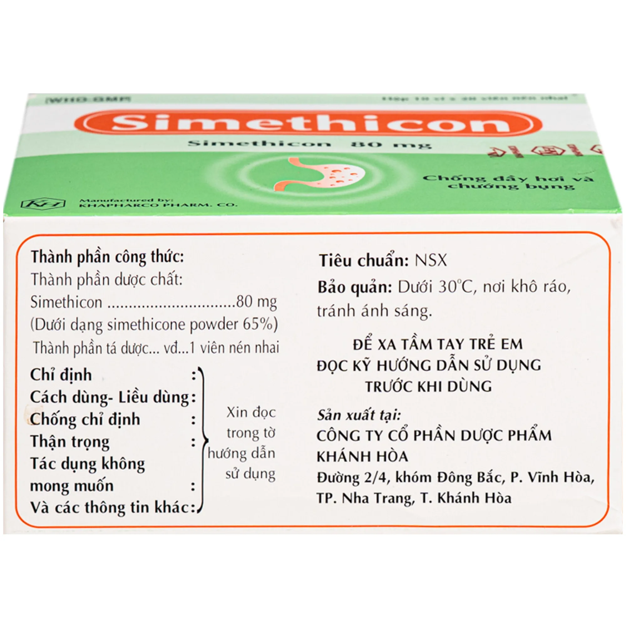 Hình ảnh Thuốc Simethicon 80mg Khapharco điều trị triệu chứng đầy hơi, chướng bụng, khó tiêu do tích tụ khí trong dạ dày, ruột (10 vỉ x 20 viên)