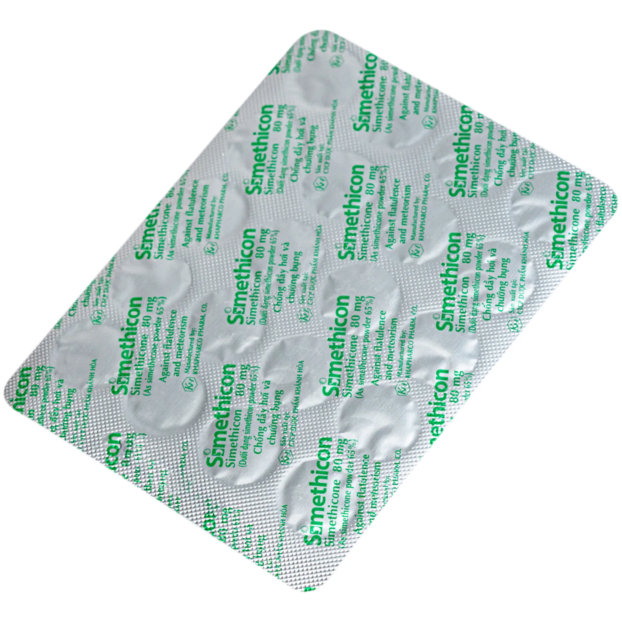 Hình ảnh Thuốc Simethicon 80mg Khapharco điều trị triệu chứng đầy hơi, chướng bụng, khó tiêu do tích tụ khí trong dạ dày, ruột (10 vỉ x 20 viên)