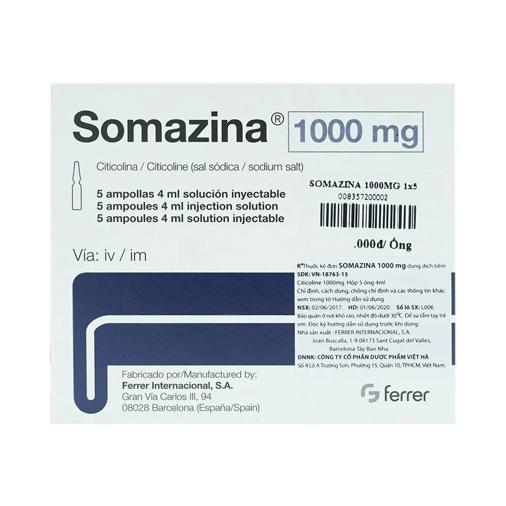 Hình ảnh Thuốc tiêm Somazina 1000mg điều trị các rối loạn nhận thức, cảm giác (5 ống x 4ml)
