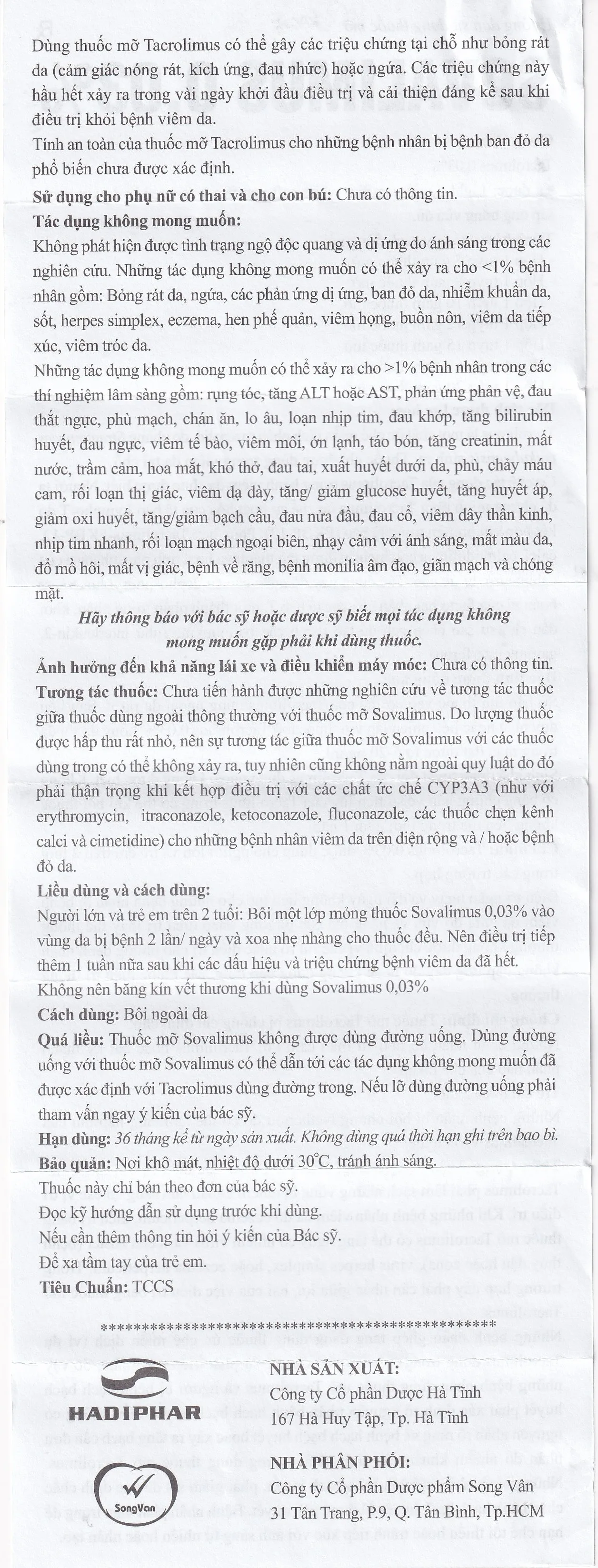 Hình ảnh Thuốc mỡ Sovalimus 0.03% Hadiphar điều trị viêm da (10g)