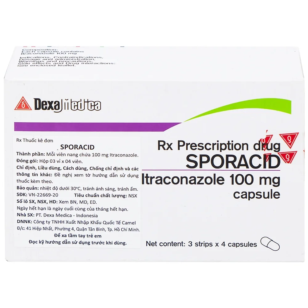 Hình ảnh Thuốc Sporacid Itraconazole 100mg Dexa điều trị nấm candida âm hộ, âm đạo (3 vỉ x 4 viên)
