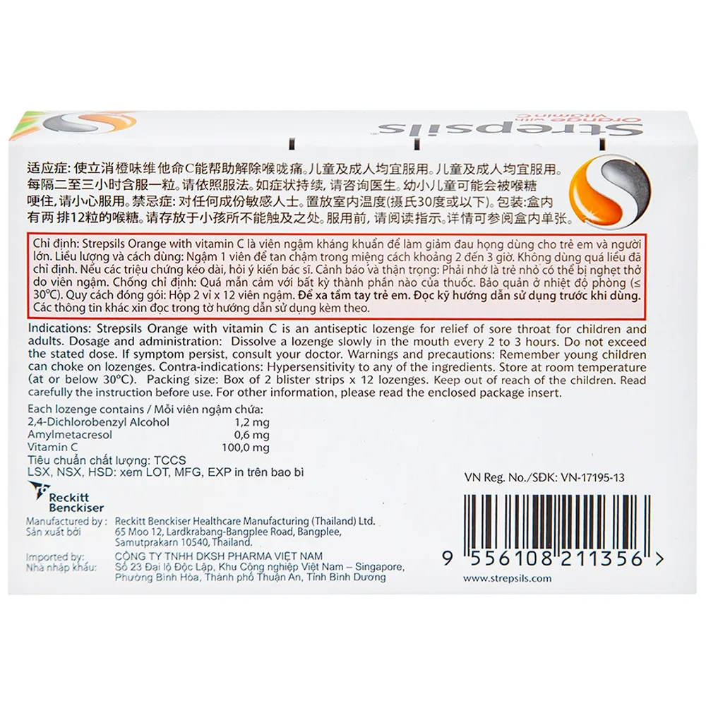 Hình ảnh Viên ngậm Strepsils Orange with Vitamin C Reckitt Benckiser điều trị đau họng (2 vỉ x 12 viên)