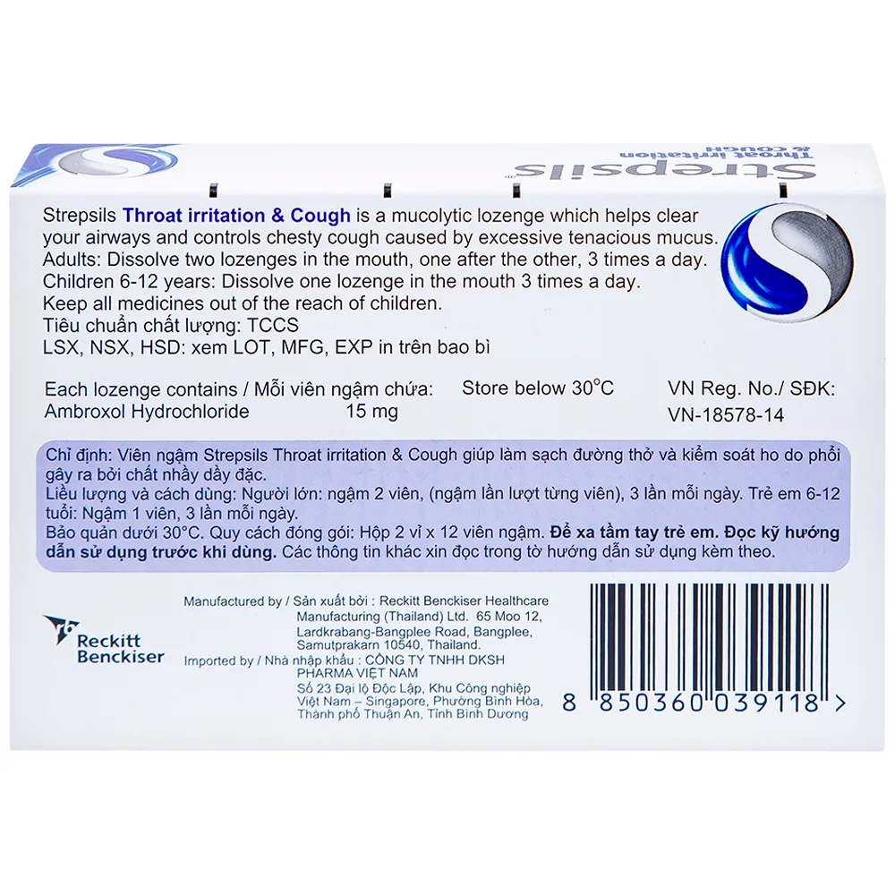 Hình ảnh Viên ngậm Strepsils Throat Irritation & Cough Reckitt Benckiser giúp làm sạch đường thở và kiểm soát ho (2 vỉ x 12 viên)