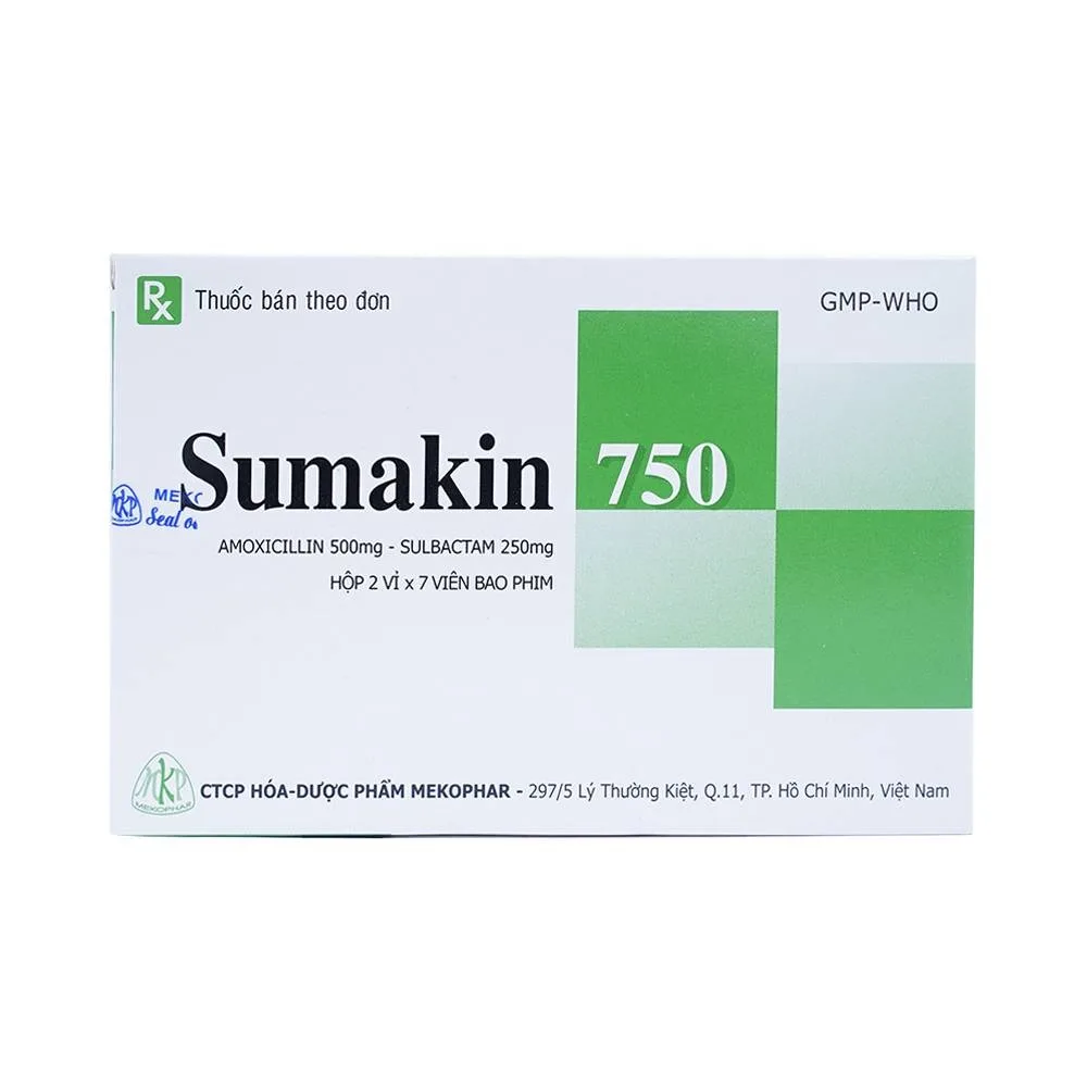 Hình ảnh Thuốc Sumakin 750 Mekophar điều trị viêm tai giữa, viêm xoang (2 vỉ x 7 viên)