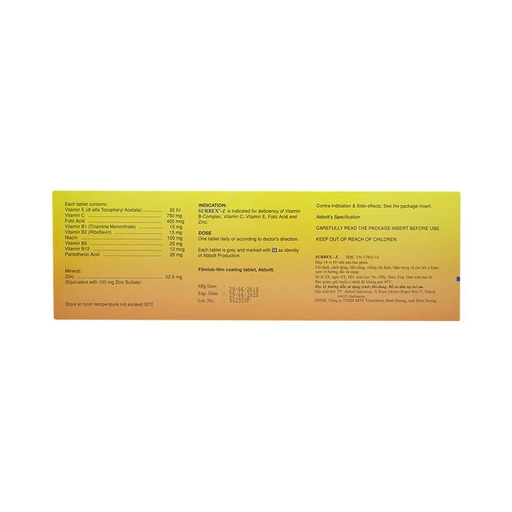 Hình ảnh Thuốc Surbex-Z Abbott điều trị chứng thiếu các vitamin nhóm B, vitamin C và kẽm (10 vỉ x 10 viên)